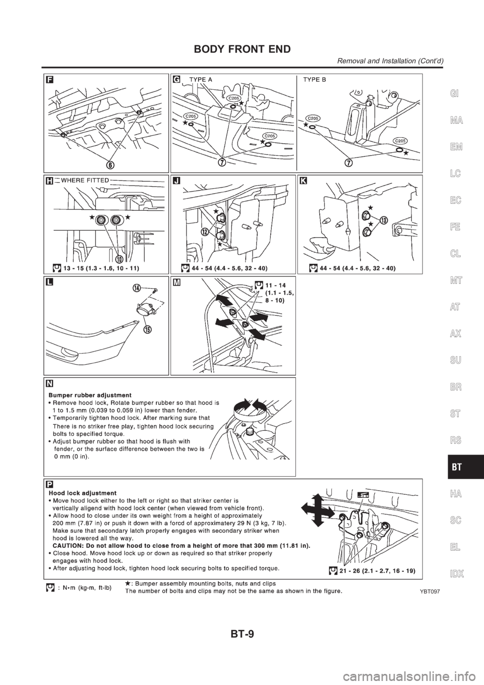 NISSAN ALMERA N16 2003  Electronic Repair Manual YBT097
GI
MA
EM
LC
EC
FE
CL
MT
AT
AX
SU
BR
ST
RS
HA
SC
EL
IDX
BODY FRONT END
Removal and Installation (Cont’d)
BT-9 