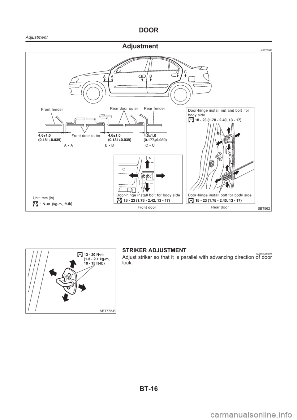 NISSAN ALMERA N16 2003  Electronic Repair Manual AdjustmentNJBT0006
SBT962
SBT772-B
STRIKER ADJUSTMENTNJBT0006S01Adjust striker so that it is parallel with advancing direction of door
lock.
DOOR
Adjustment
BT-16 