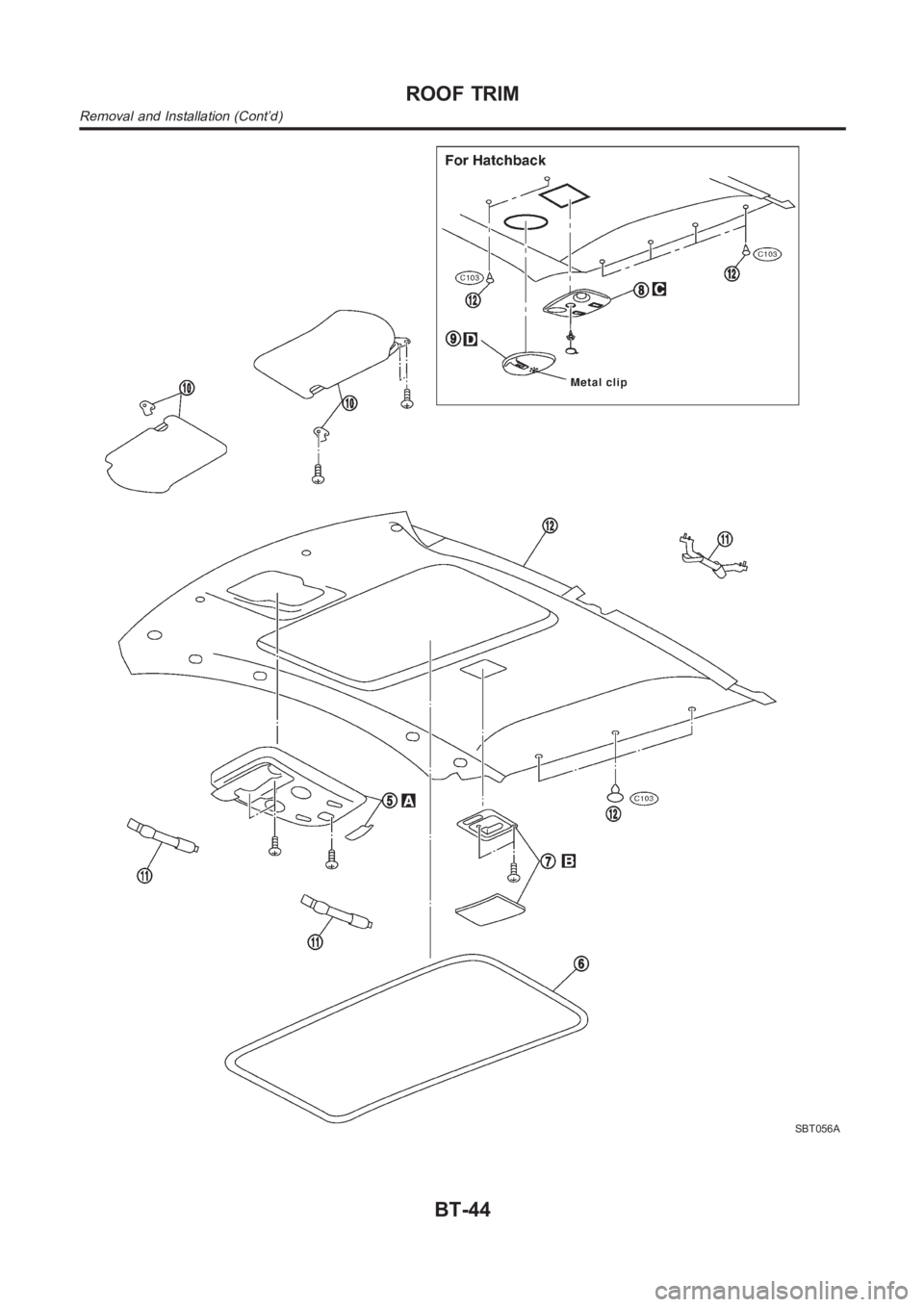 NISSAN ALMERA N16 2003 Electronic Repair Manual SBT056A
ROOF TRIM
Removal and Installation (Cont’d)
BT-44 NISSAN ALMERA N16 2003 Electronic Repair Manual SBT056A
ROOF TRIM
Removal and Installation (Cont’d)
BT-44
