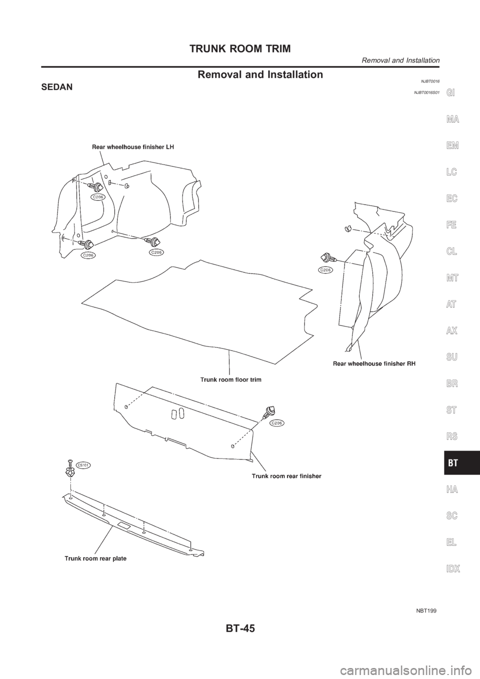 NISSAN ALMERA N16 2003 Electronic Repair Manual Removal and InstallationNJBT0016SEDANNJBT0016S01
NBT199
GI
MA
EM
LC
EC
FE
CL
MT
AT
AX
SU
BR
ST
RS
HA
SC
EL
IDX
TRUNK ROOM TRIM
Removal and Installation
BT-45 NISSAN ALMERA N16 2003 Electronic Repair Manual Removal and InstallationNJBT0016SEDANNJBT0016S01
NBT199
GI
MA
EM
LC
EC
FE
CL
MT
AT
AX
SU
BR
ST
RS
HA
SC
EL
IDX
TRUNK ROOM TRIM
Removal and Installation
BT-45