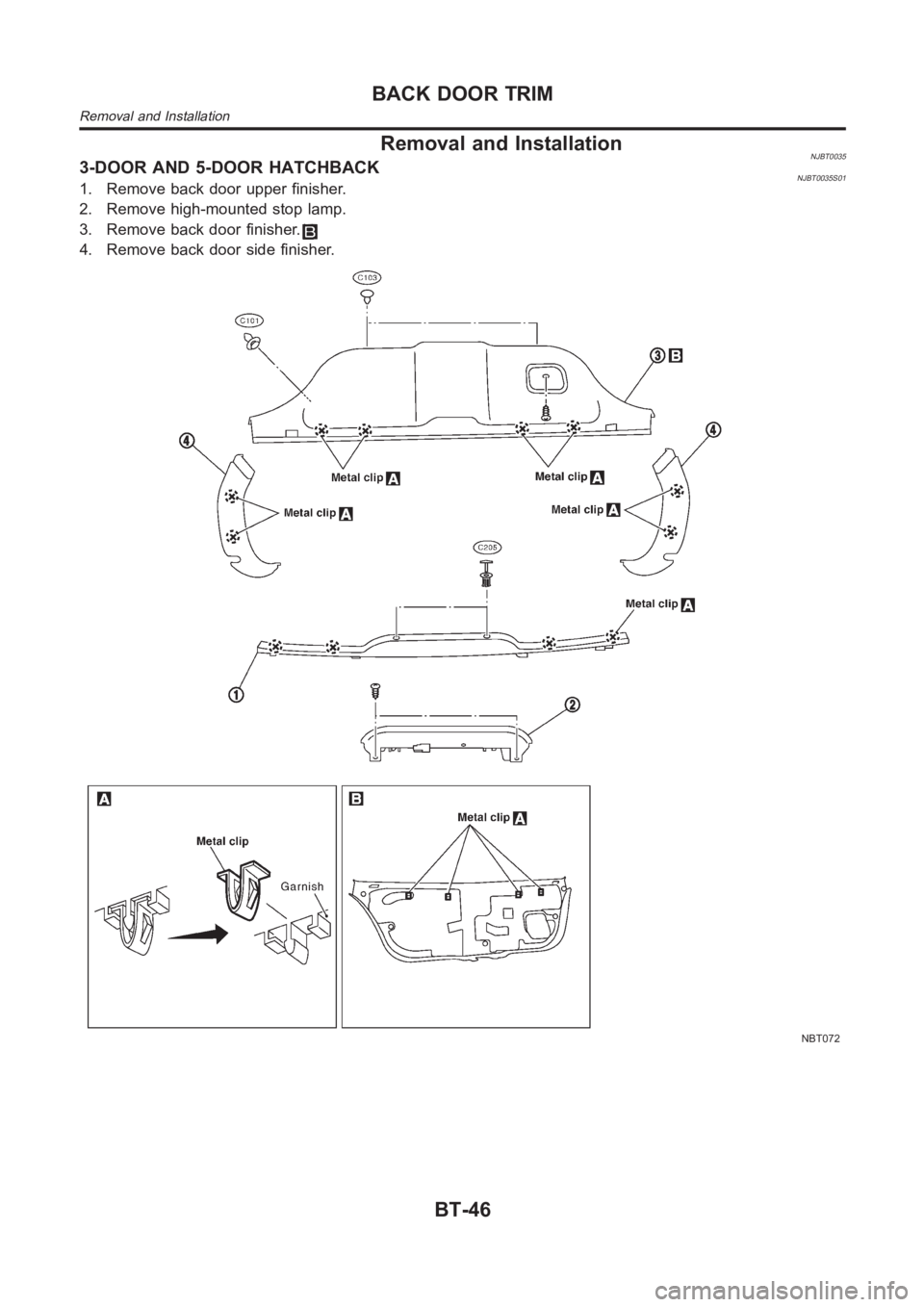 NISSAN ALMERA N16 2003 Electronic Repair Manual Removal and InstallationNJBT00353-DOOR AND 5-DOOR HATCHBACKNJBT0035S011. Remove back door upper finisher.
2. Remove high-mounted stop lamp.
3. Remove back door finisher.
4. Remove back door side finis NISSAN ALMERA N16 2003 Electronic Repair Manual Removal and InstallationNJBT00353-DOOR AND 5-DOOR HATCHBACKNJBT0035S011. Remove back door upper finisher.
2. Remove high-mounted stop lamp.
3. Remove back door finisher.
4. Remove back door side finis
