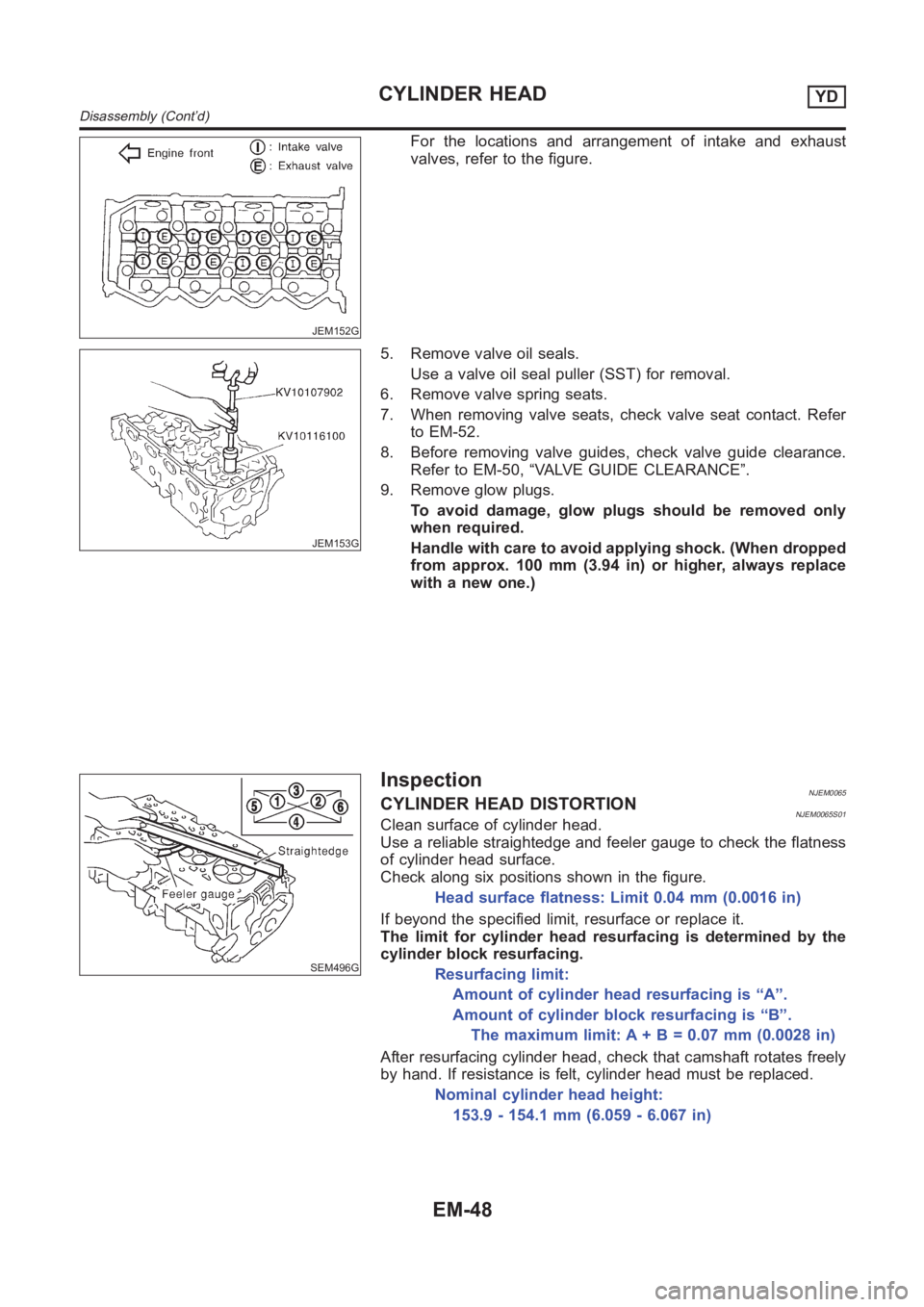 NISSAN ALMERA N16 2003 Electronic Repair Manual JEM152G
For the locations and arrangement of intake and exhaust
valves, refer to the figure.
JEM153G
5. Remove valve oil seals.
Use a valve oil seal puller (SST) for removal.
6. Remove valve spring se NISSAN ALMERA N16 2003 Electronic Repair Manual JEM152G
For the locations and arrangement of intake and exhaust
valves, refer to the figure.
JEM153G
5. Remove valve oil seals.
Use a valve oil seal puller (SST) for removal.
6. Remove valve spring se