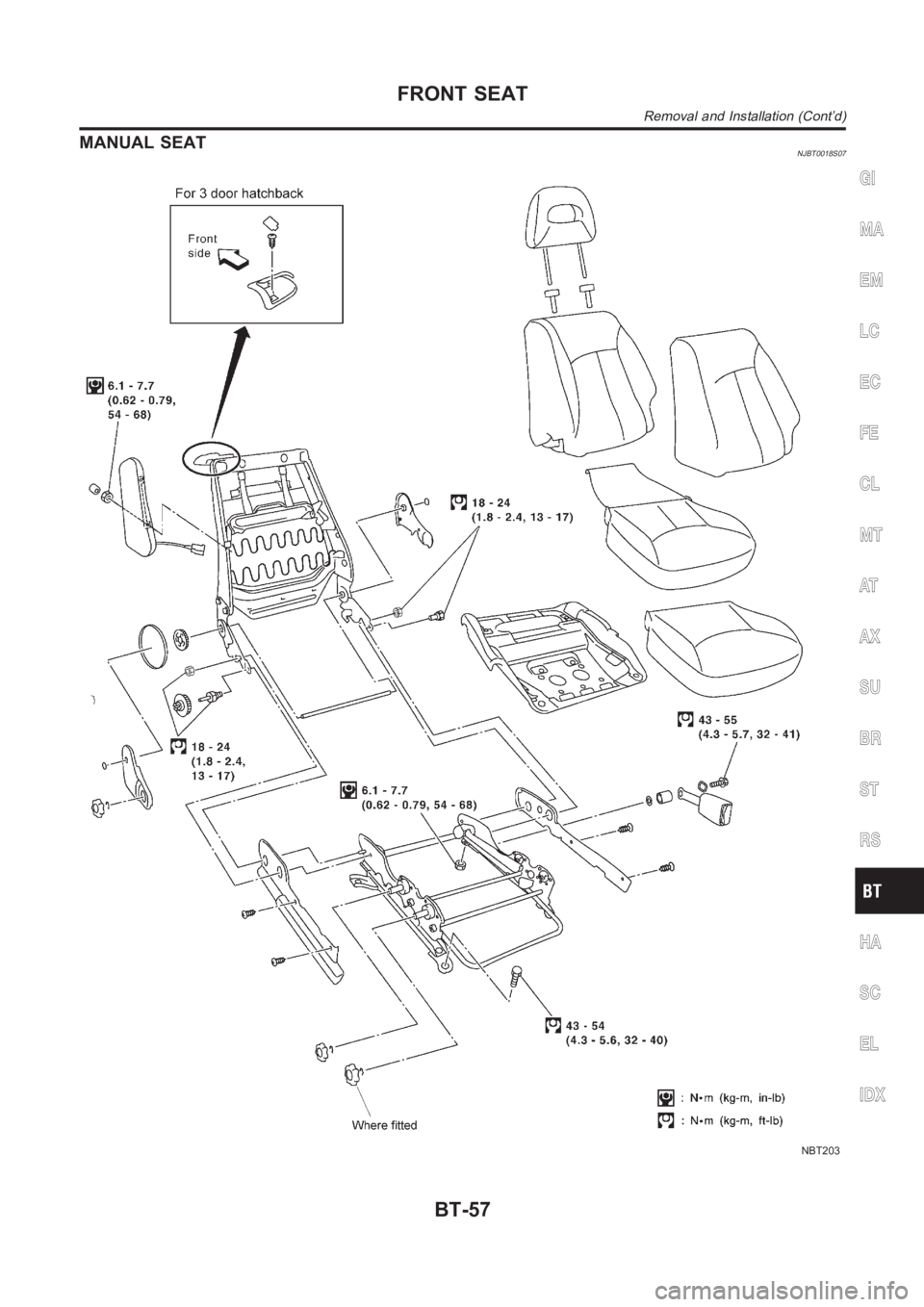 NISSAN ALMERA N16 2003  Electronic Repair Manual MANUAL SEATNJBT0018S07
NBT203
GI
MA
EM
LC
EC
FE
CL
MT
AT
AX
SU
BR
ST
RS
HA
SC
EL
IDX
FRONT SEAT
Removal and Installation (Cont’d)
BT-57 