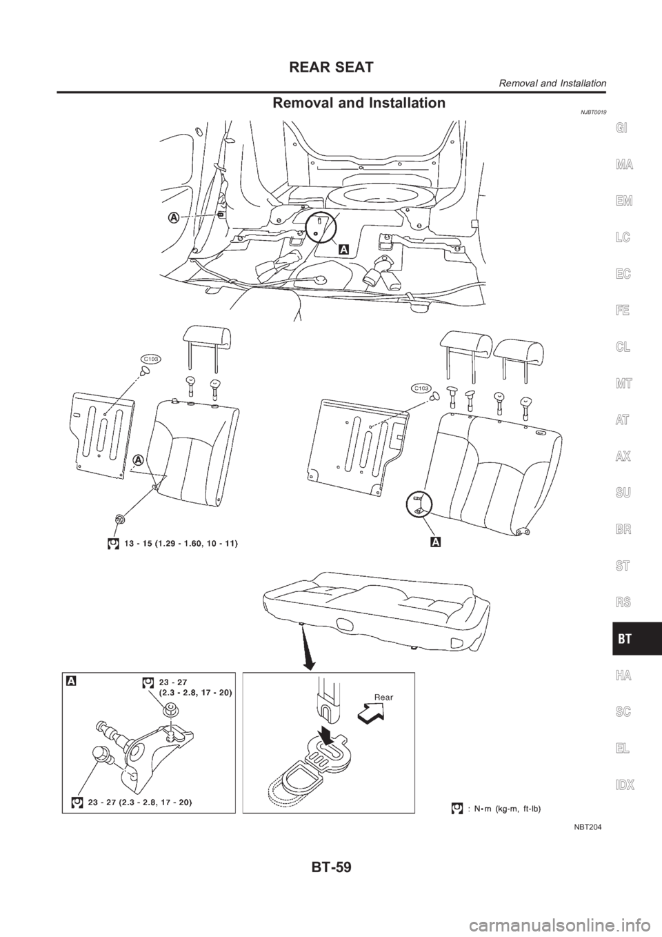 NISSAN ALMERA N16 2003  Electronic Repair Manual Removal and InstallationNJBT0019
NBT204
GI
MA
EM
LC
EC
FE
CL
MT
AT
AX
SU
BR
ST
RS
HA
SC
EL
IDX
REAR SEAT
Removal and Installation
BT-59 