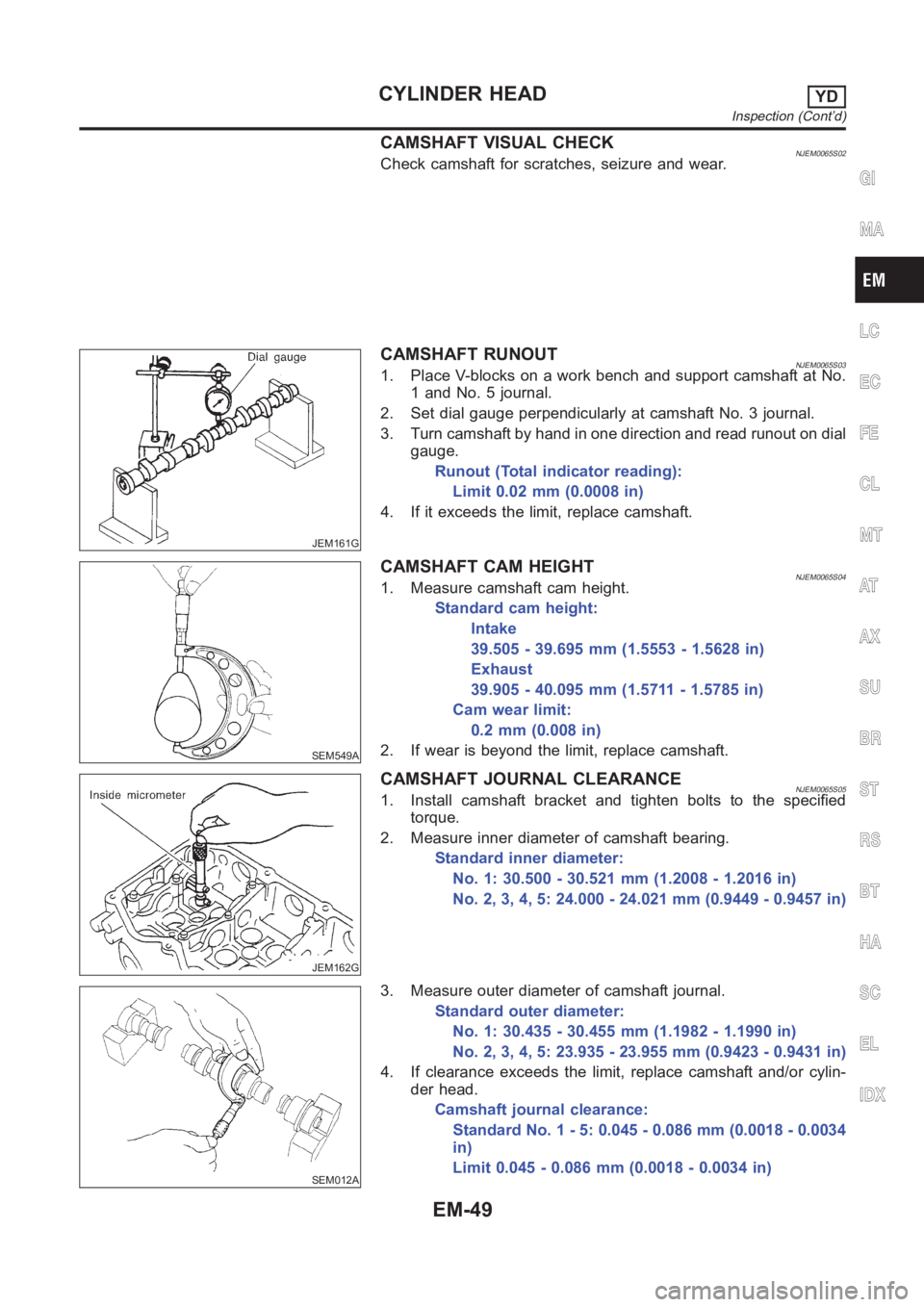NISSAN ALMERA N16 2003 Electronic Repair Manual CAMSHAFT VISUAL CHECKNJEM0065S02Check camshaft for scratches, seizure and wear.
JEM161G
CAMSHAFT RUNOUTNJEM0065S031. Place V-blocks on a work bench and support camshaft at No.
1 and No. 5 journal.
2. NISSAN ALMERA N16 2003 Electronic Repair Manual CAMSHAFT VISUAL CHECKNJEM0065S02Check camshaft for scratches, seizure and wear.
JEM161G
CAMSHAFT RUNOUTNJEM0065S031. Place V-blocks on a work bench and support camshaft at No.
1 and No. 5 journal.
2.
