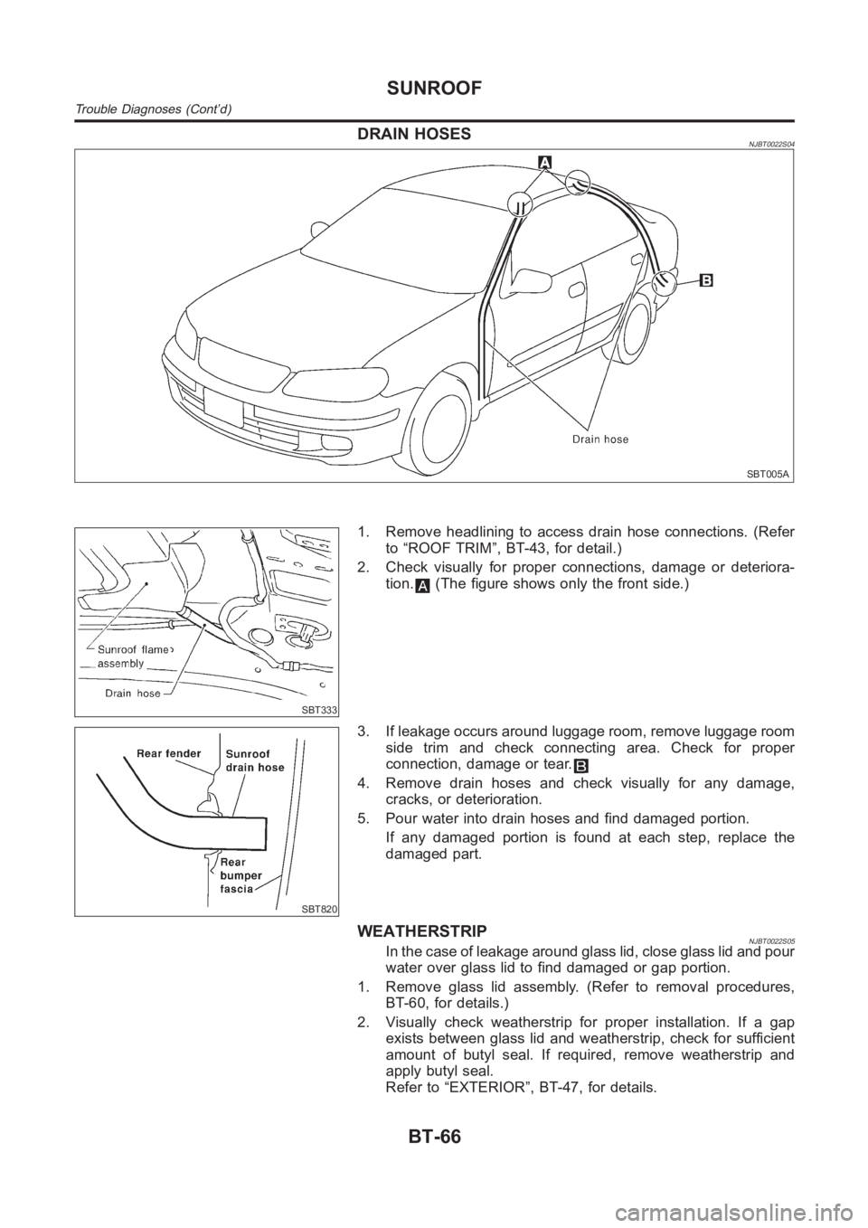 NISSAN ALMERA N16 2003 Electronic Repair Manual DRAIN HOSESNJBT0022S04
SBT005A
SBT333
1. Remove headlining to access drain hose connections. (Refer
to “ROOF TRIM”, BT-43, for detail.)
2. Check visually for proper connections, damage or deterior NISSAN ALMERA N16 2003 Electronic Repair Manual DRAIN HOSESNJBT0022S04
SBT005A
SBT333
1. Remove headlining to access drain hose connections. (Refer
to “ROOF TRIM”, BT-43, for detail.)
2. Check visually for proper connections, damage or deterior