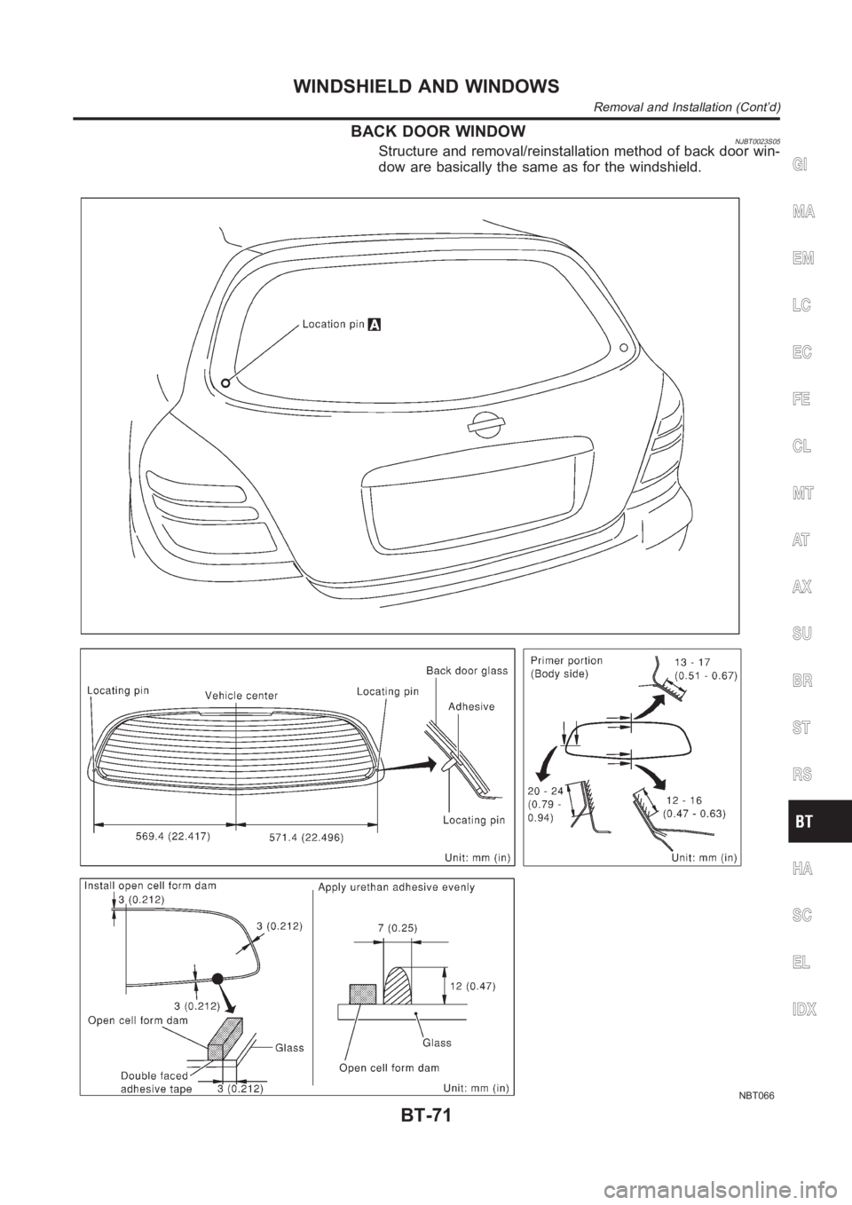 NISSAN ALMERA N16 2003 Electronic Repair Manual BACK DOOR WINDOWNJBT0023S05Structure and removal/reinstallation method of back door win-
dow are basically the same as for the windshield.
NBT066
GI
MA
EM
LC
EC
FE
CL
MT
AT
AX
SU
BR
ST
RS
HA
SC
EL
IDX NISSAN ALMERA N16 2003 Electronic Repair Manual BACK DOOR WINDOWNJBT0023S05Structure and removal/reinstallation method of back door win-
dow are basically the same as for the windshield.
NBT066
GI
MA
EM
LC
EC
FE
CL
MT
AT
AX
SU
BR
ST
RS
HA
SC
EL
IDX