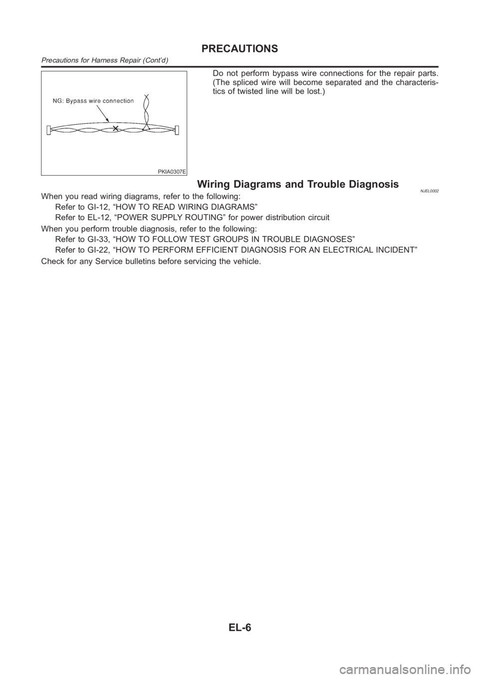 NISSAN ALMERA N16 2003  Electronic Repair Manual PKIA0307E
Do not perform bypass wire connections for the repair parts.
(The spliced wire will become separated and the characteris-
tics of twisted line will be lost.)
Wiring Diagrams and Trouble Diag