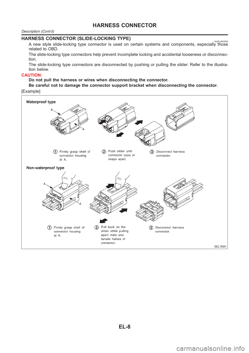NISSAN ALMERA N16 2003  Electronic Repair Manual HARNESS CONNECTOR (SLIDE-LOCKING TYPE)=NJEL0003S02A new style slide-locking type connector is used on certain systems and components, especially those
related to OBD.
The slide-locking type connectors