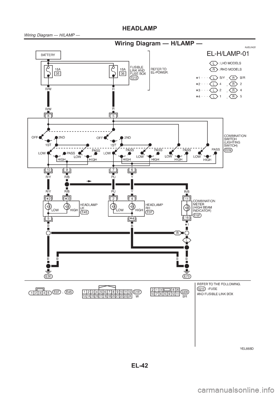 NISSAN ALMERA N16 2003  Electronic Repair Manual Wiring Diagram — H/LAMP —NJEL0420
YEL668D
HEADLAMP
Wiring Diagram — H/LAMP —
EL-42 