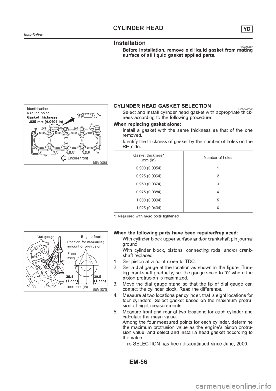 NISSAN ALMERA N16 2003 Electronic Repair Manual Installation=NJEM0067Before installation, remove old liquid gasket from mating
surface of all liquid gasket applied parts.
SEM505G
CYLINDER HEAD GASKET SELECTIONNJEM0067S01Select and install cylinder NISSAN ALMERA N16 2003 Electronic Repair Manual Installation=NJEM0067Before installation, remove old liquid gasket from mating
surface of all liquid gasket applied parts.
SEM505G
CYLINDER HEAD GASKET SELECTIONNJEM0067S01Select and install cylinder