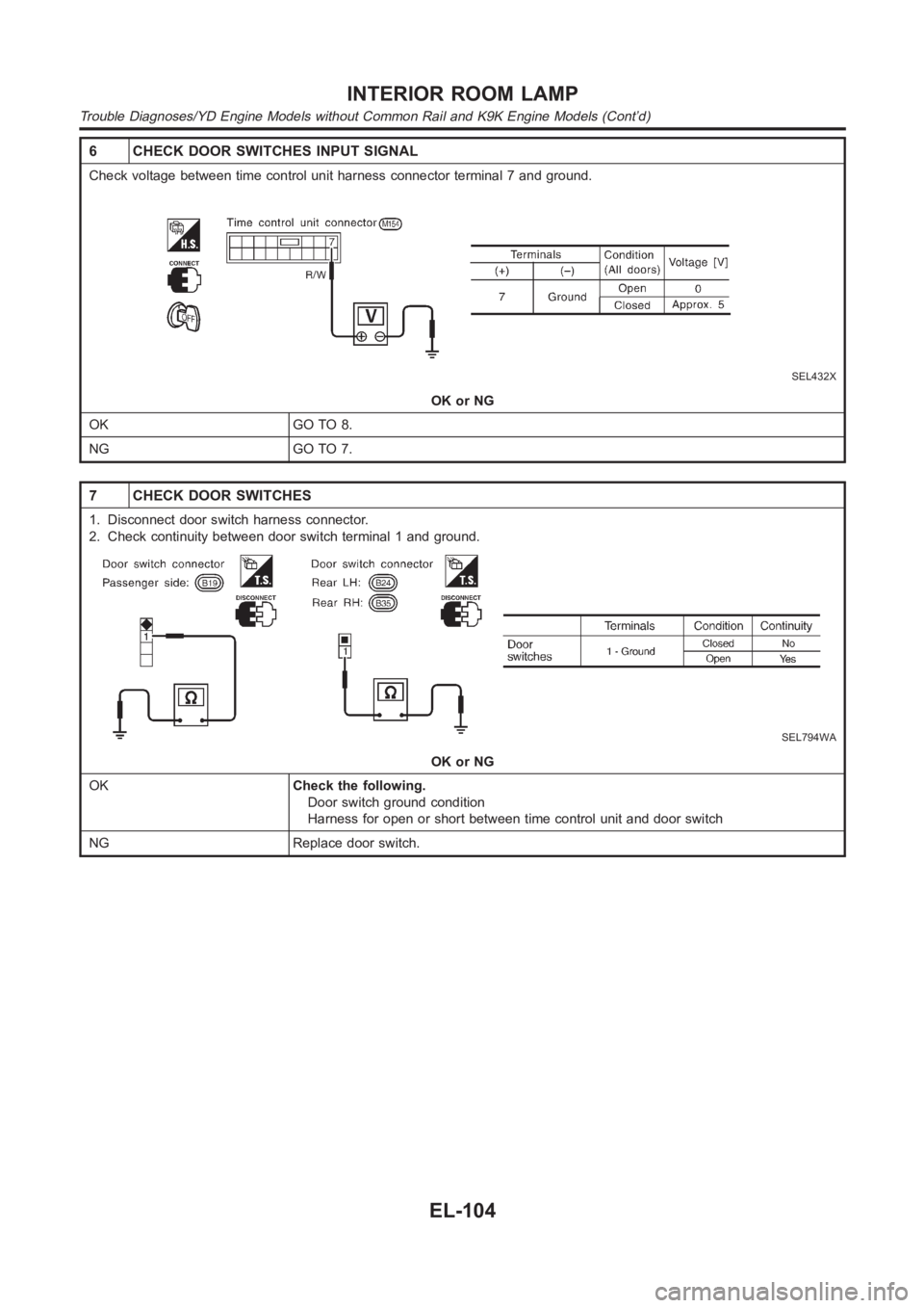 NISSAN ALMERA N16 2003  Electronic Repair Manual 6 CHECK DOOR SWITCHES INPUT SIGNAL
Check voltage between time control unit harness connector terminal 7 and ground.
SEL432X
OK or NG
OK GO TO 8.
NG GO TO 7.
7 CHECK DOOR SWITCHES
1. Disconnect door sw