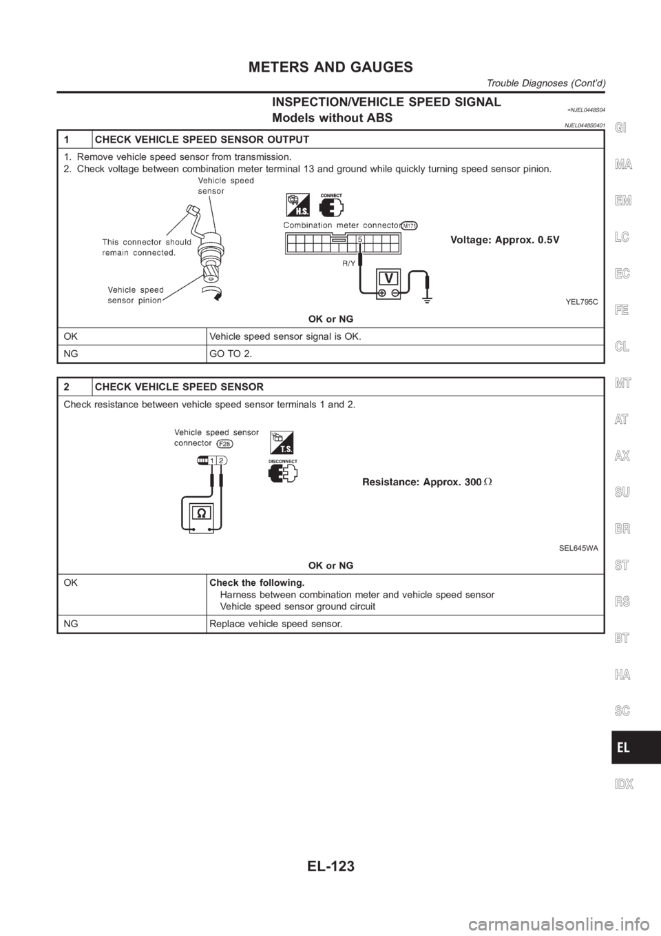 NISSAN ALMERA N16 2003 Electronic Repair Manual INSPECTION/VEHICLE SPEED SIGNAL=NJEL0448S04Models without ABSNJEL0448S0401
1 CHECK VEHICLE SPEED SENSOR OUTPUT
1. Remove vehicle speed sensor from transmission.
2. Check voltage between combination me NISSAN ALMERA N16 2003 Electronic Repair Manual INSPECTION/VEHICLE SPEED SIGNAL=NJEL0448S04Models without ABSNJEL0448S0401
1 CHECK VEHICLE SPEED SENSOR OUTPUT
1. Remove vehicle speed sensor from transmission.
2. Check voltage between combination me