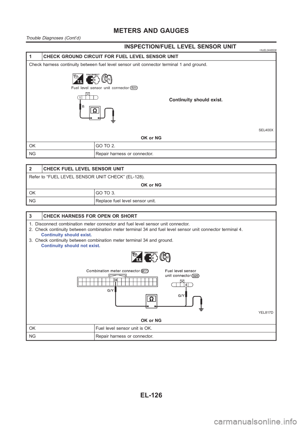 NISSAN ALMERA N16 2003  Electronic Repair Manual INSPECTION/FUEL LEVEL SENSOR UNIT=NJEL0448S06
1 CHECK GROUND CIRCUIT FOR FUEL LEVEL SENSOR UNIT
Check harness continuity between fuel level sensor unit connector terminal 1 and ground.
SEL400X
OK or N