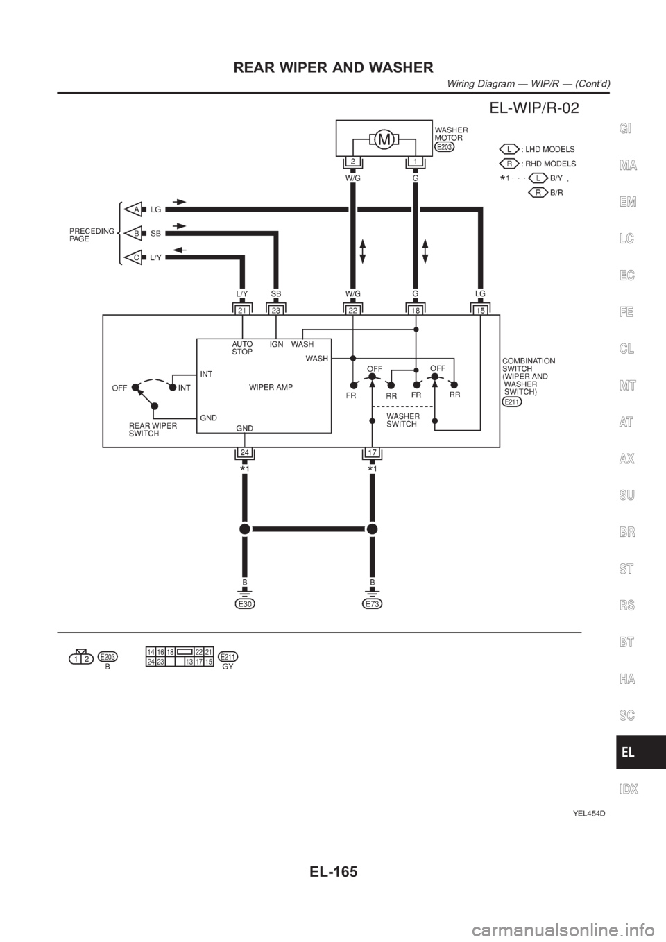 NISSAN ALMERA N16 2003  Electronic Repair Manual YEL454D
GI
MA
EM
LC
EC
FE
CL
MT
AT
AX
SU
BR
ST
RS
BT
HA
SC
IDX
REAR WIPER AND WASHER
Wiring Diagram — WIP/R — (Cont’d)
EL-165 