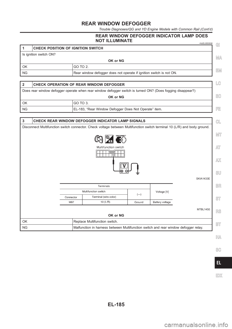 NISSAN ALMERA N16 2003 Electronic Repair Manual REAR WINDOW DEFOGGER INDICATOR LAMP DOES
NOT ILLUMINATE
=NJEL0553S06
1 CHECK POSITION OF IGNITION SWITCH
Is ignition switch ON?
OK or NG
OK GO TO 2.
NG Rear window defogger does not operate if ignitio NISSAN ALMERA N16 2003 Electronic Repair Manual REAR WINDOW DEFOGGER INDICATOR LAMP DOES
NOT ILLUMINATE
=NJEL0553S06
1 CHECK POSITION OF IGNITION SWITCH
Is ignition switch ON?
OK or NG
OK GO TO 2.
NG Rear window defogger does not operate if ignitio