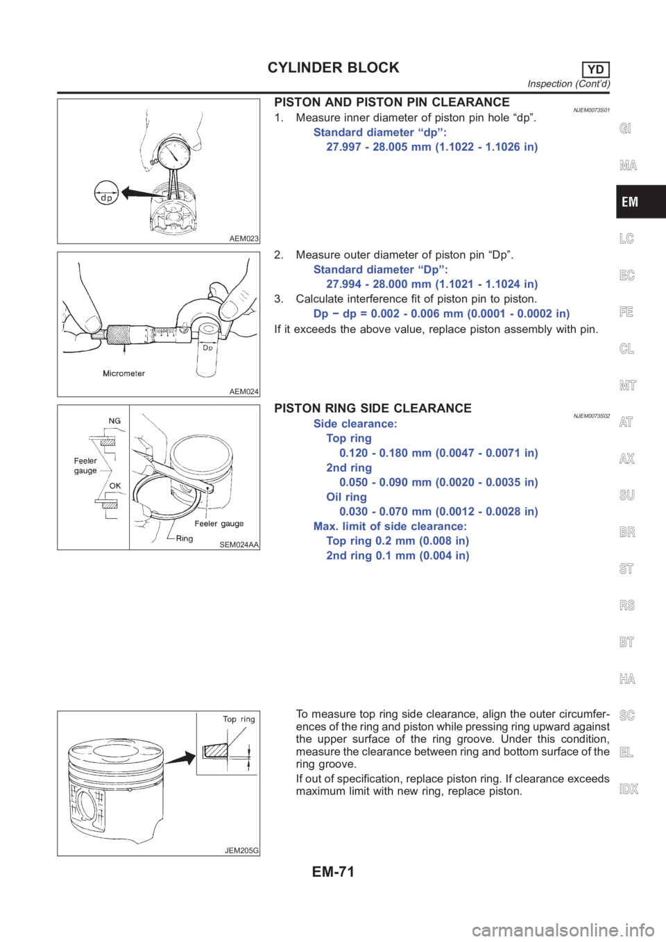 NISSAN ALMERA N16 2003 Electronic Repair Manual AEM023
PISTON AND PISTON PIN CLEARANCENJEM0073S011. Measure inner diameter of piston pin hole “dp”.
Standard diameter “dp”:
27.997 - 28.005 mm (1.1022 - 1.1026 in)
AEM024
2. Measure outer diam NISSAN ALMERA N16 2003 Electronic Repair Manual AEM023
PISTON AND PISTON PIN CLEARANCENJEM0073S011. Measure inner diameter of piston pin hole “dp”.
Standard diameter “dp”:
27.997 - 28.005 mm (1.1022 - 1.1026 in)
AEM024
2. Measure outer diam