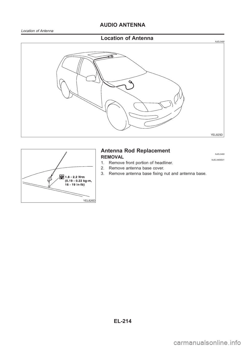 NISSAN ALMERA N16 2003 Electronic Repair Manual Location of AntennaNJEL0468
YEL825D
YEL826D
Antenna Rod ReplacementNJEL0469REMOVALNJEL0469S011. Remove front portion of headliner.
2. Remove antenna base cover.
3. Remove antenna base fixing nut and a NISSAN ALMERA N16 2003 Electronic Repair Manual Location of AntennaNJEL0468
YEL825D
YEL826D
Antenna Rod ReplacementNJEL0469REMOVALNJEL0469S011. Remove front portion of headliner.
2. Remove antenna base cover.
3. Remove antenna base fixing nut and a