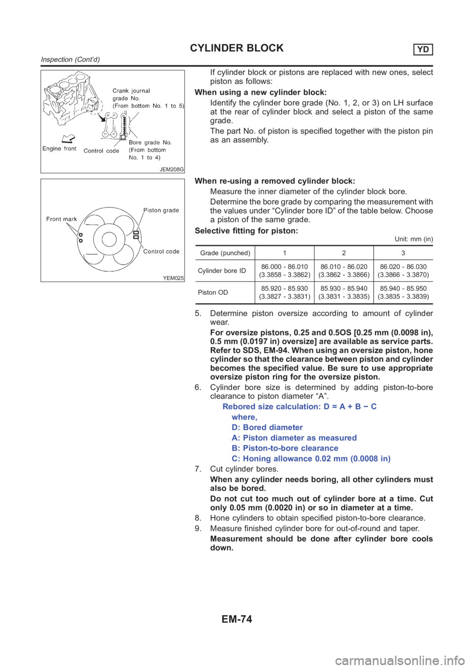 NISSAN ALMERA N16 2003 Electronic Repair Manual JEM208G
If cylinder block or pistons are replaced with new ones, select
piston as follows:
When using a new cylinder block:
Identify the cylinder bore grade (No. 1, 2, or 3) on LH surface
at the rear NISSAN ALMERA N16 2003 Electronic Repair Manual JEM208G
If cylinder block or pistons are replaced with new ones, select
piston as follows:
When using a new cylinder block:
Identify the cylinder bore grade (No. 1, 2, or 3) on LH surface
at the rear