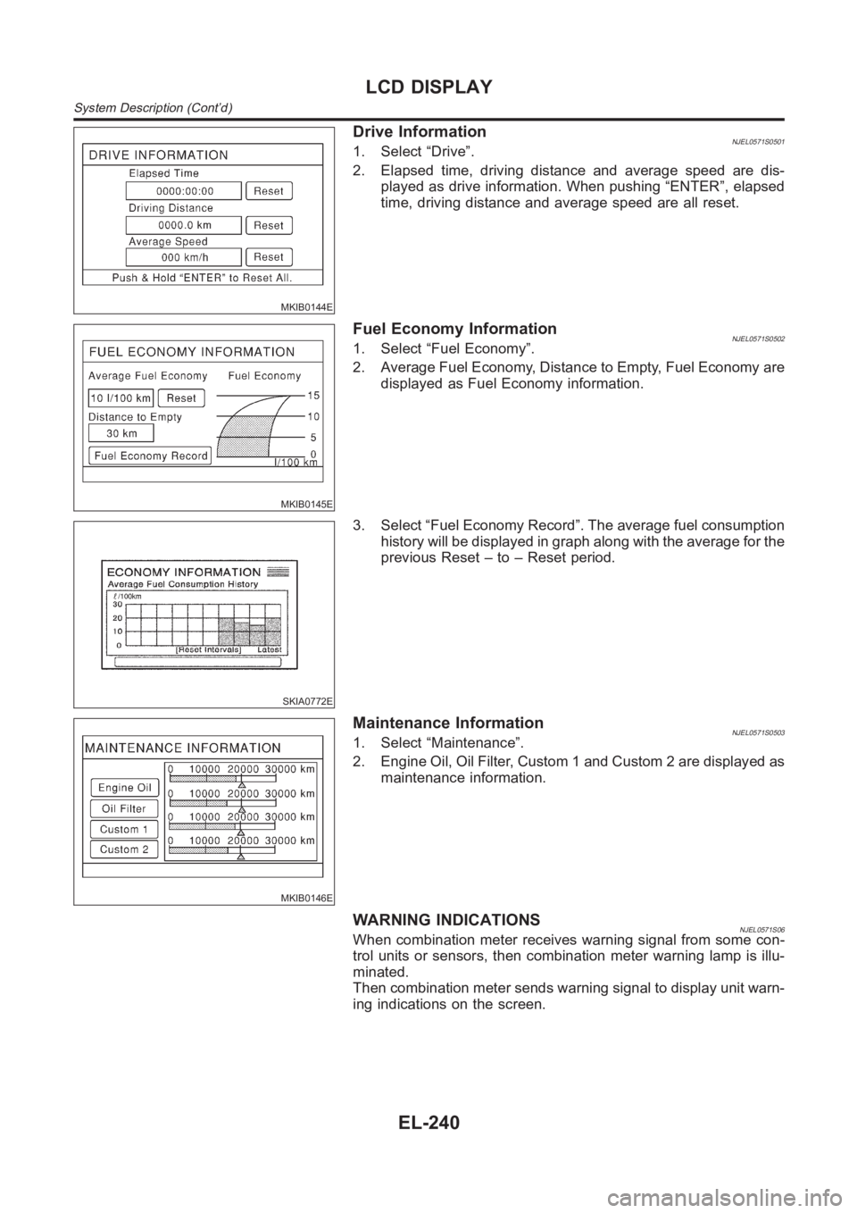 NISSAN ALMERA N16 2003 Electronic Repair Manual MKIB0144E
Drive InformationNJEL0571S05011. Select “Drive”.
2. Elapsed time, driving distance and average speed are dis-
played as drive information. When pushing “ENTER”, elapsed
time, driving NISSAN ALMERA N16 2003 Electronic Repair Manual MKIB0144E
Drive InformationNJEL0571S05011. Select “Drive”.
2. Elapsed time, driving distance and average speed are dis-
played as drive information. When pushing “ENTER”, elapsed
time, driving