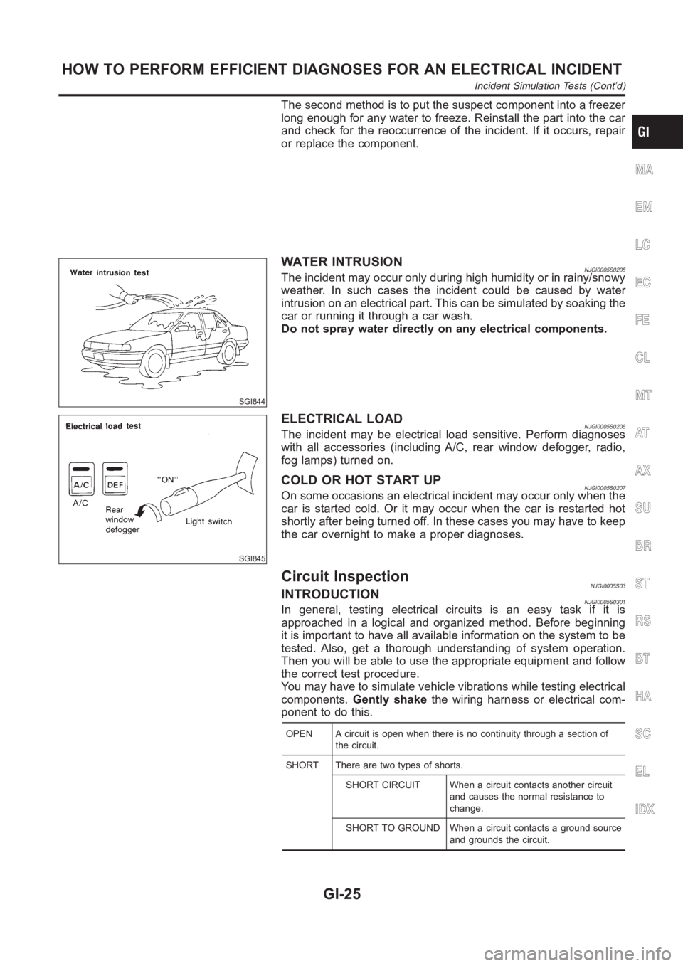 NISSAN ALMERA N16 2003  Electronic Owners Manual The second method is to put the suspect component into a freezer
long enough for any water to freeze. Reinstall the part into the car
and check for the reoccurrence of the incident. If it occurs, repa