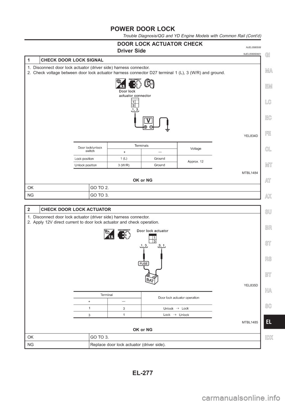 NISSAN ALMERA N16 2003  Electronic Repair Manual DOOR LOCK ACTUATOR CHECKNJEL0580S06Driver SideNJEL0580S0601
1 CHECK DOOR LOCK SIGNAL
1. Disconnect door lock actuator (driver side) harness connector.
2. Check voltage between door lock actuator harne