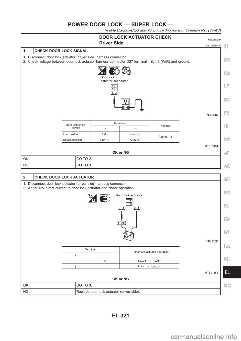 NISSAN ALMERA N16 2003 Electronic Repair Manual DOOR LOCK ACTUATOR CHECKNJEL0581S07Driver SideNJEL0581S0701
1 CHECK DOOR LOCK SIGNAL
1. Disconnect door lock actuator (driver side) harness connector.
2. Check voltage between door lock actuator harne NISSAN ALMERA N16 2003 Electronic Repair Manual DOOR LOCK ACTUATOR CHECKNJEL0581S07Driver SideNJEL0581S0701
1 CHECK DOOR LOCK SIGNAL
1. Disconnect door lock actuator (driver side) harness connector.
2. Check voltage between door lock actuator harne