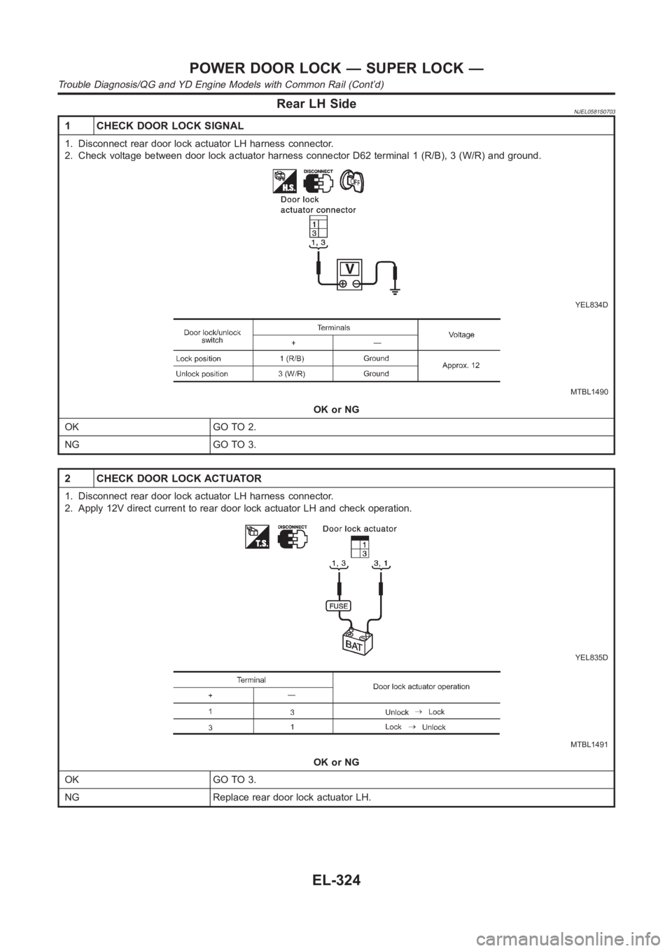 NISSAN ALMERA N16 2003 Electronic Repair Manual Rear LH SideNJEL0581S0703
1 CHECK DOOR LOCK SIGNAL
1. Disconnect rear door lock actuator LH harness connector.
2. Check voltage between door lock actuator harness connector D62 terminal 1 (R/B), 3 (W/ NISSAN ALMERA N16 2003 Electronic Repair Manual Rear LH SideNJEL0581S0703
1 CHECK DOOR LOCK SIGNAL
1. Disconnect rear door lock actuator LH harness connector.
2. Check voltage between door lock actuator harness connector D62 terminal 1 (R/B), 3 (W/