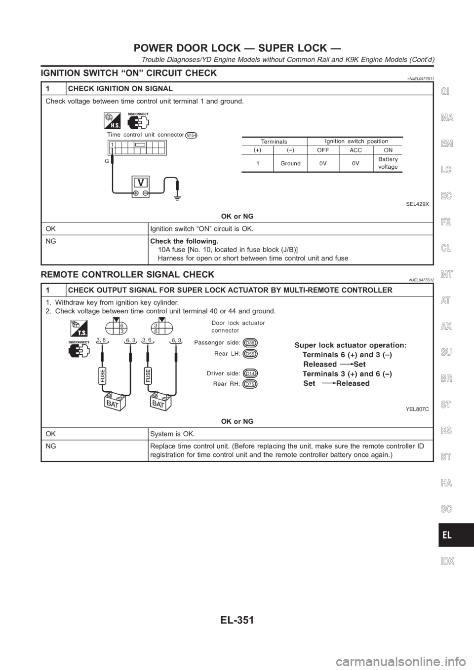 NISSAN ALMERA N16 2003  Electronic Repair Manual IGNITION SWITCH “ON” CIRCUIT CHECK=NJEL0477S11
1 CHECK IGNITION ON SIGNAL
Check voltage between time control unit terminal 1 and ground.
SEL429X
OK or NG
OK Ignition switch “ON” circuit is OK.