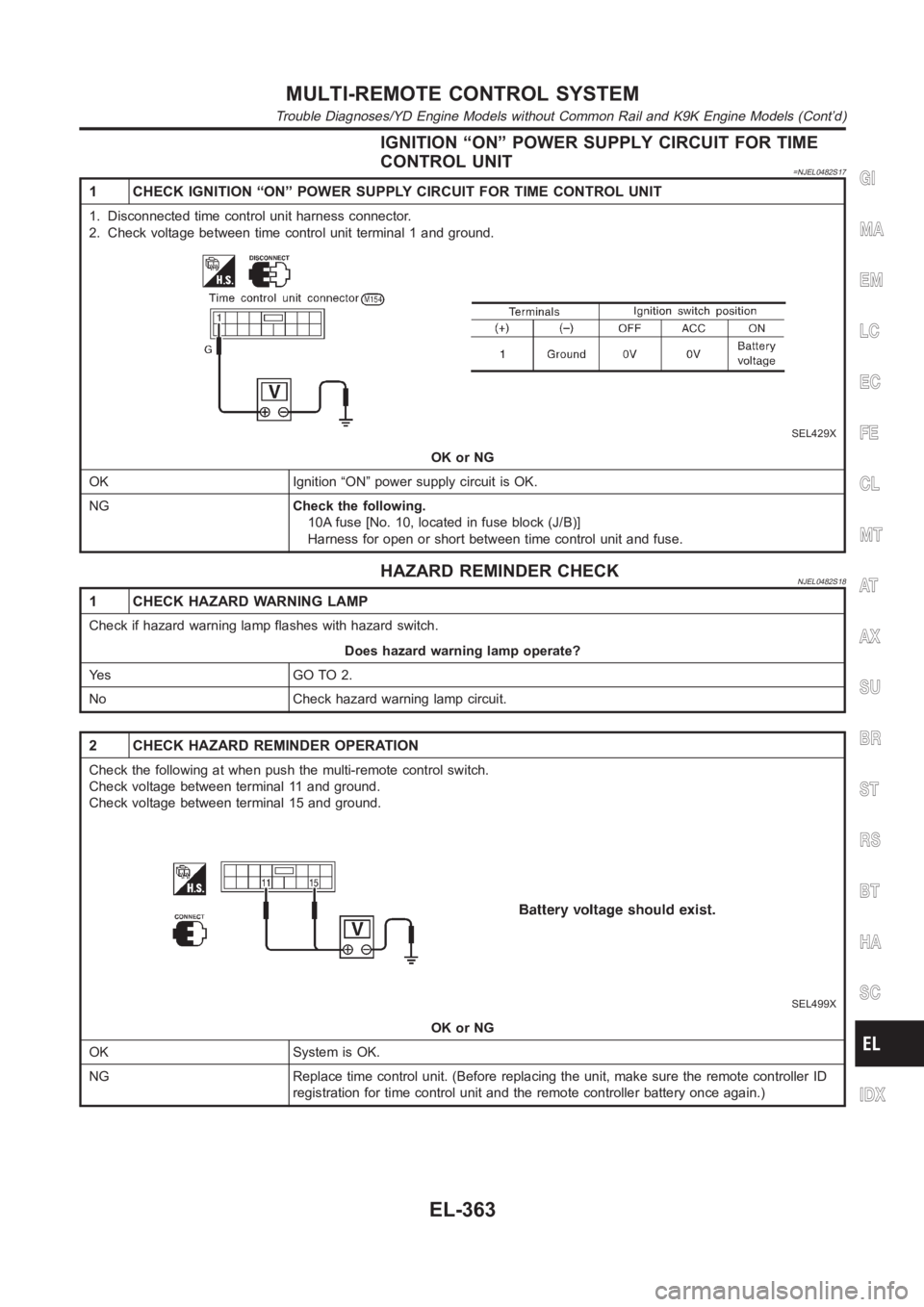NISSAN ALMERA N16 2003 Electronic Repair Manual IGNITION “ON” POWER SUPPLY CIRCUIT FOR TIME
CONTROL UNIT
=NJEL0482S17
1 CHECK IGNITION “ON” POWER SUPPLY CIRCUIT FOR TIME CONTROL UNIT
1. Disconnected time control unit harness connector.
2. C NISSAN ALMERA N16 2003 Electronic Repair Manual IGNITION “ON” POWER SUPPLY CIRCUIT FOR TIME
CONTROL UNIT
=NJEL0482S17
1 CHECK IGNITION “ON” POWER SUPPLY CIRCUIT FOR TIME CONTROL UNIT
1. Disconnected time control unit harness connector.
2. C