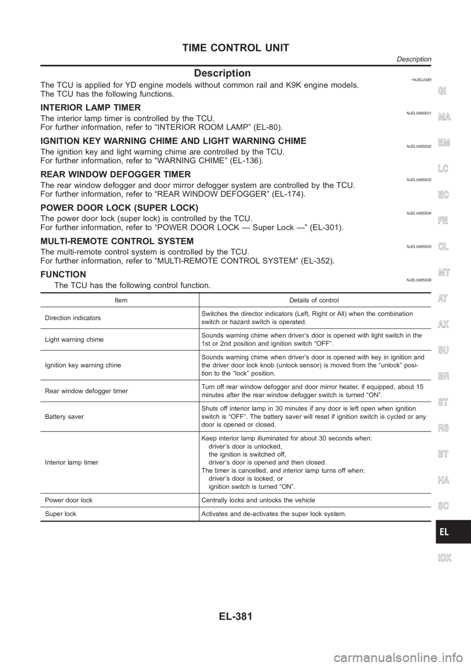 NISSAN ALMERA N16 2003 Electronic Repair Manual Description=NJEL0485The TCU is applied for YD engine models without common rail and K9K engine models.
The TCU has the following functions.
INTERIOR LAMP TIMERNJEL0485S01The interior lamp timer is con NISSAN ALMERA N16 2003 Electronic Repair Manual Description=NJEL0485The TCU is applied for YD engine models without common rail and K9K engine models.
The TCU has the following functions.
INTERIOR LAMP TIMERNJEL0485S01The interior lamp timer is con