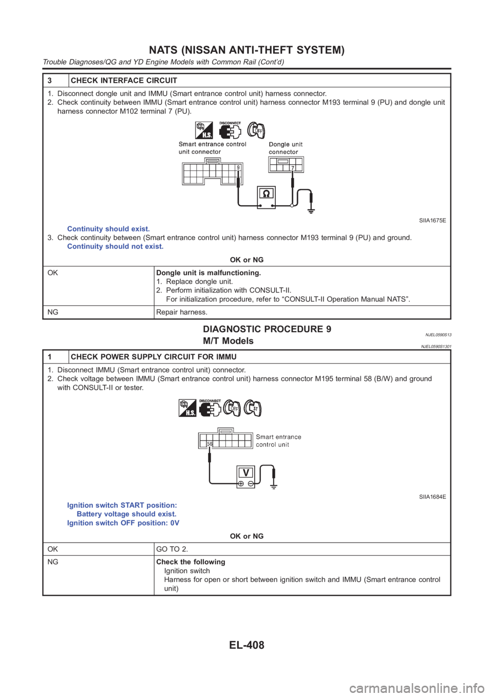NISSAN ALMERA N16 2003 Electronic Repair Manual 3 CHECK INTERFACE CIRCUIT
1. Disconnect dongle unit and IMMU (Smart entrance control unit) harness connector.
2. Check continuity between IMMU (Smart entrance control unit) harness connector M193 term NISSAN ALMERA N16 2003 Electronic Repair Manual 3 CHECK INTERFACE CIRCUIT
1. Disconnect dongle unit and IMMU (Smart entrance control unit) harness connector.
2. Check continuity between IMMU (Smart entrance control unit) harness connector M193 term