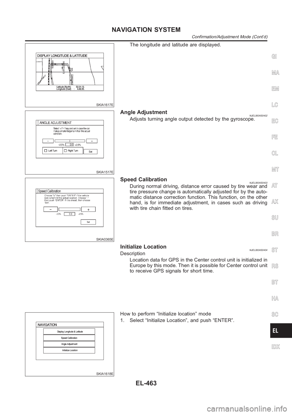 NISSAN ALMERA N16 2003 Electronic Repair Manual SKIA1617E
The longitude and latitude are displayed.
SKIA1517E
Angle AdjustmentNJEL0604S0402Adjusts turning angle output detected by the gyroscope.
SKIA0365E
Speed CalibrationNJEL0604S0403During normal NISSAN ALMERA N16 2003 Electronic Repair Manual SKIA1617E
The longitude and latitude are displayed.
SKIA1517E
Angle AdjustmentNJEL0604S0402Adjusts turning angle output detected by the gyroscope.
SKIA0365E
Speed CalibrationNJEL0604S0403During normal