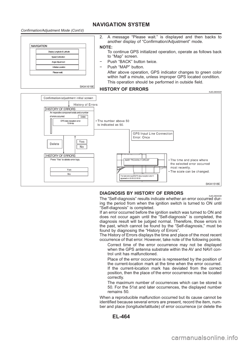 NISSAN ALMERA N16 2003 Electronic Repair Manual SKIA1619E
2. A message “Please wait.” is displayed and then backs to
another display of “Confirmation/Adjustment” mode.
NOTE:
To continue GPS initialized operation, operate as follows back
to NISSAN ALMERA N16 2003 Electronic Repair Manual SKIA1619E
2. A message “Please wait.” is displayed and then backs to
another display of “Confirmation/Adjustment” mode.
NOTE:
To continue GPS initialized operation, operate as follows back
to