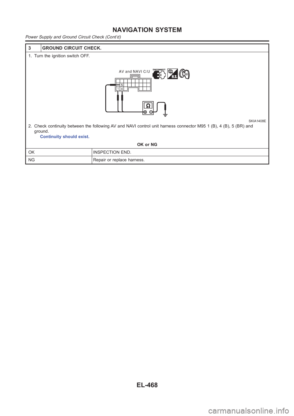 NISSAN ALMERA N16 2003  Electronic Repair Manual 3 GROUND CIRCUIT CHECK.
1. Turn the ignition switch OFF.
SKIA1408E
2. Check continuity between the following AV and NAVI control unit harnessconnector M95 1 (B), 4 (B), 5 (BR) and
ground.
Continuity s