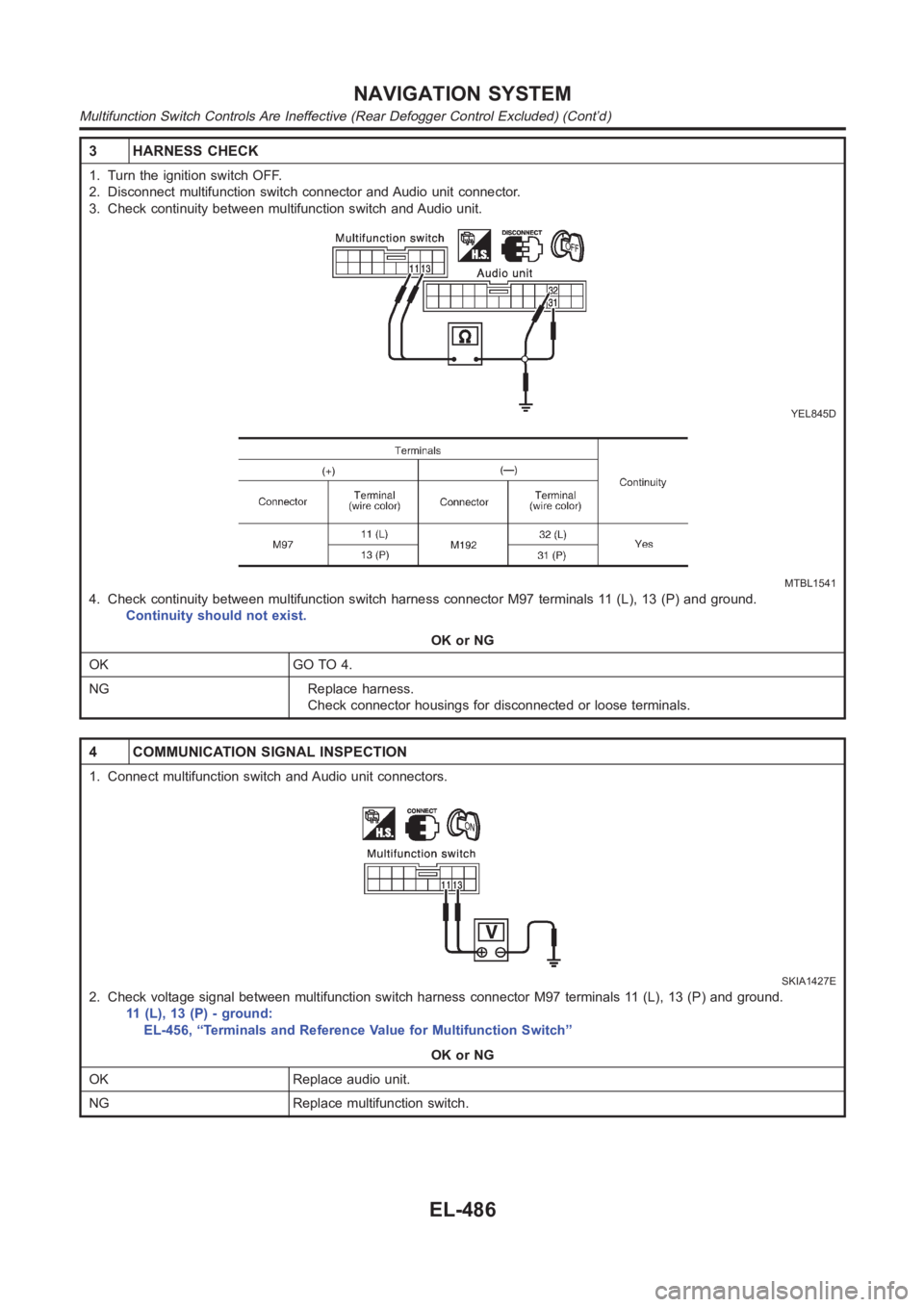 NISSAN ALMERA N16 2003  Electronic Repair Manual 3 HARNESS CHECK
1. Turn the ignition switch OFF.
2. Disconnect multifunction switch connector and Audio unit connector.
3. Check continuity between multifunction switch and Audio unit.
YEL845D
MTBL154