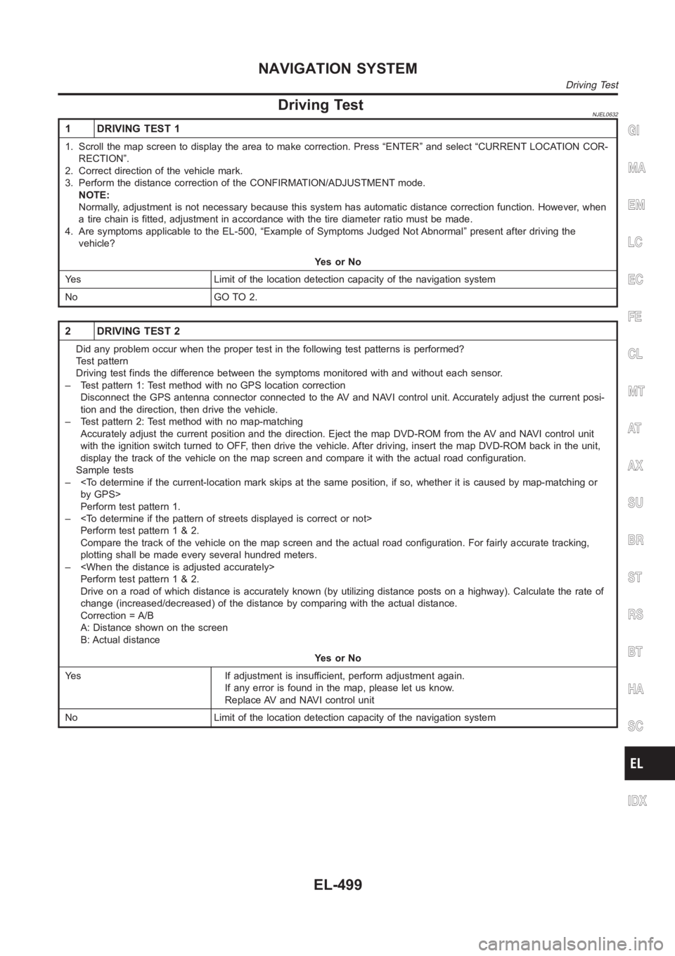 NISSAN ALMERA N16 2003 Electronic Repair Manual Driving TestNJEL0632
1 DRIVING TEST 1
1. Scroll the map screen to display the area to make correction. Press “ENTER” and select “CURRENT LOCATION COR-
RECTION”.
2. Correct direction of the veh NISSAN ALMERA N16 2003 Electronic Repair Manual Driving TestNJEL0632
1 DRIVING TEST 1
1. Scroll the map screen to display the area to make correction. Press “ENTER” and select “CURRENT LOCATION COR-
RECTION”.
2. Correct direction of the veh