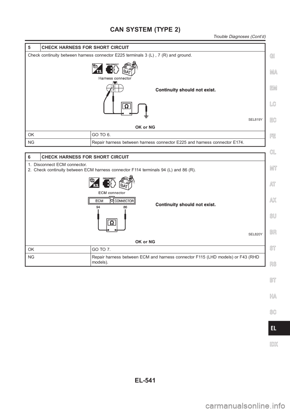 NISSAN ALMERA N16 2003  Electronic Repair Manual 5 CHECK HARNESS FOR SHORT CIRCUIT
Check continuity between harness connector E225 terminals 3 (L) , 7 (R) andground.
SEL819Y
OK or NG
OK GO TO 6.
NG Repair harness between harness connector E225 and h