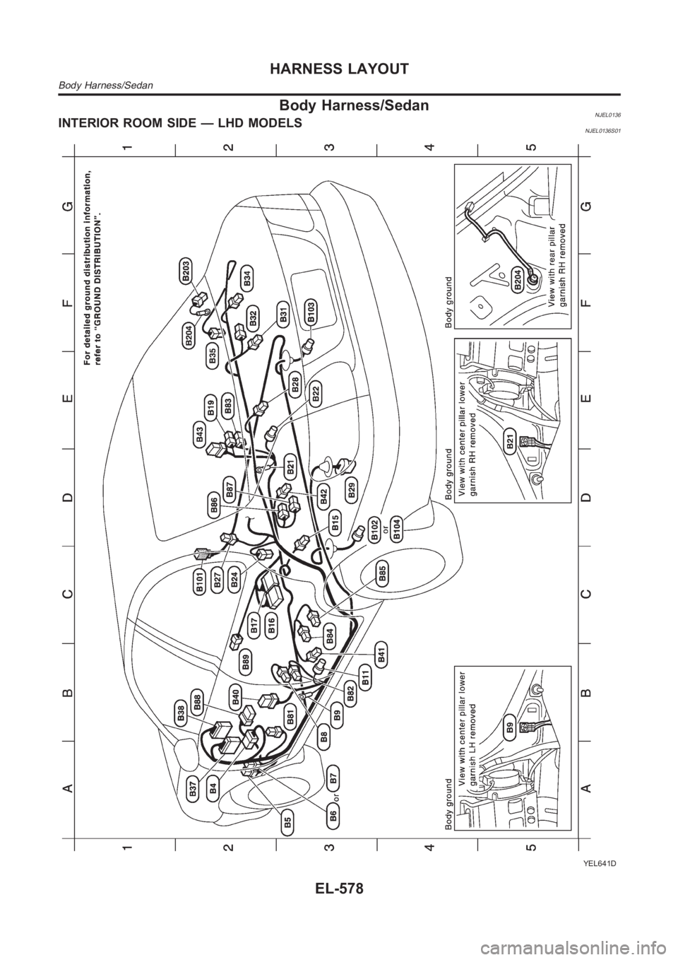NISSAN ALMERA N16 2003 Electronic Repair Manual Body Harness/SedanNJEL0136INTERIOR ROOM SIDE — LHD MODELSNJEL0136S01
YEL641D
HARNESS LAYOUT
Body Harness/Sedan
EL-578 NISSAN ALMERA N16 2003 Electronic Repair Manual Body Harness/SedanNJEL0136INTERIOR ROOM SIDE — LHD MODELSNJEL0136S01
YEL641D
HARNESS LAYOUT
Body Harness/Sedan
EL-578
