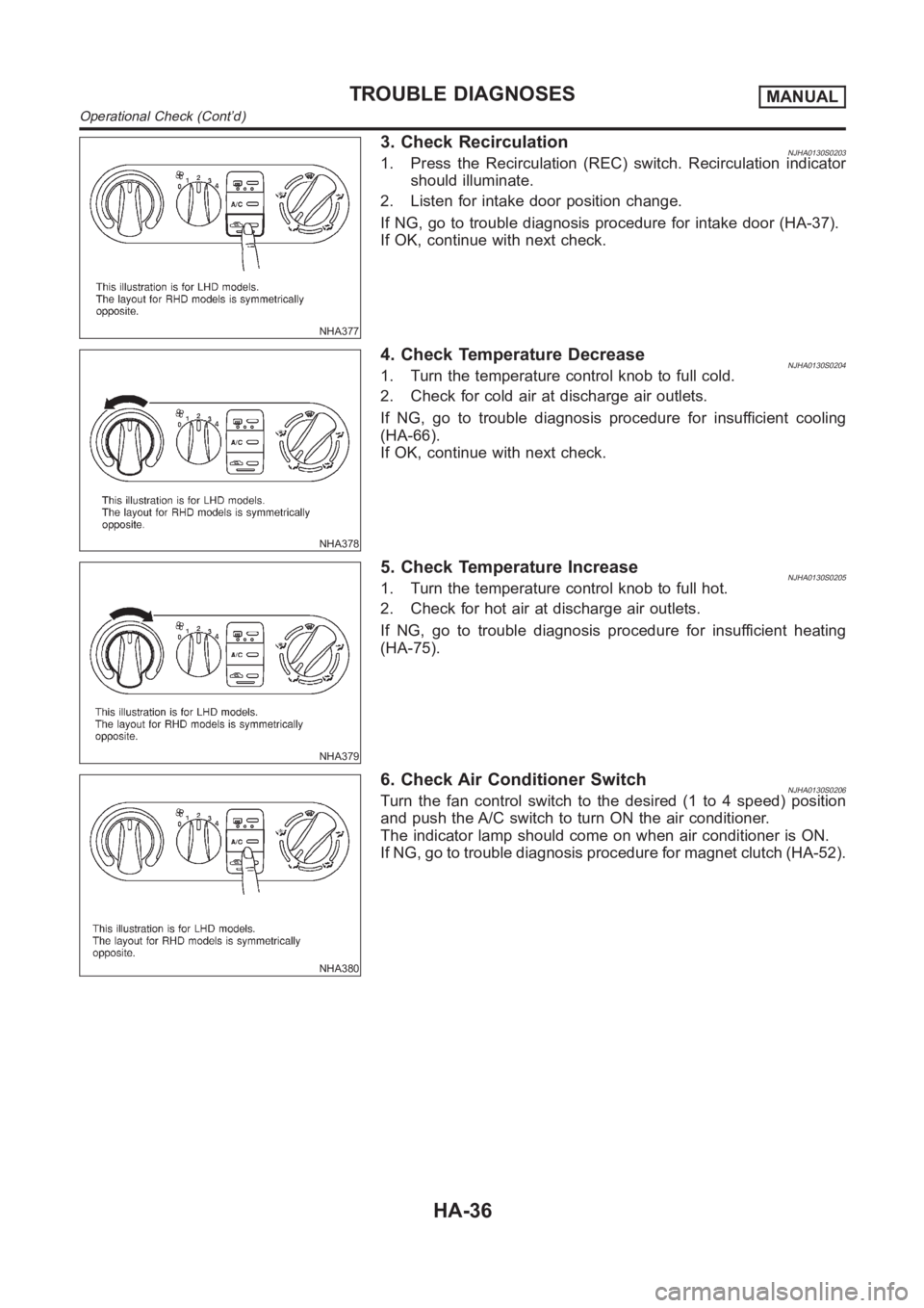 NISSAN ALMERA N16 2003  Electronic Repair Manual NHA377
3. Check RecirculationNJHA0130S02031. Press the Recirculation (REC) switch. Recirculation indicator
should illuminate.
2. Listen for intake door position change.
If NG, go to trouble diagnosis 