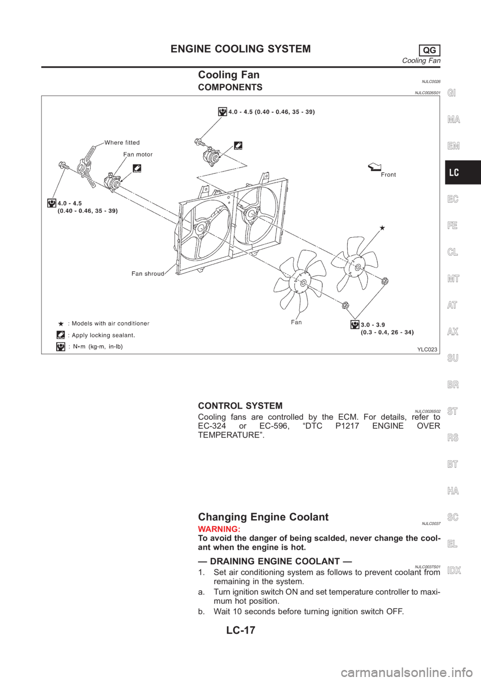 NISSAN ALMERA N16 2003  Electronic Repair Manual Cooling FanNJLC0026COMPONENTSNJLC0026S01
YLC023
CONTROL SYSTEMNJLC0026S02Cooling fans are controlled by the ECM. For details, refer to
EC-324 or EC-596, “DTC P1217 ENGINE OVER
TEMPERATURE”.
Changi