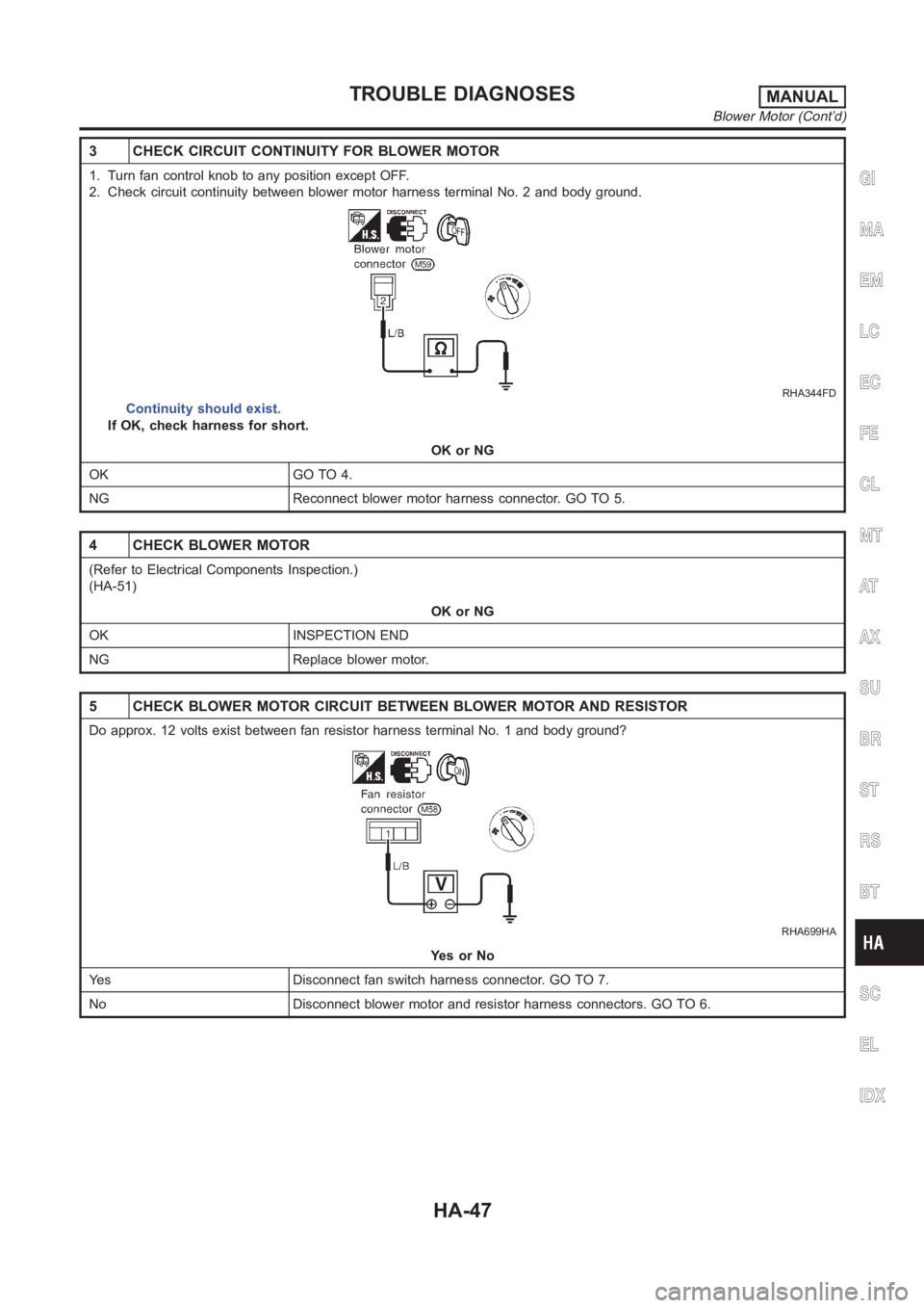 NISSAN ALMERA N16 2003  Electronic Repair Manual 3 CHECK CIRCUIT CONTINUITY FOR BLOWER MOTOR
1. Turn fan control knob to any position except OFF.
2. Check circuit continuity between blower motor harness terminal No. 2 and body ground.
RHA344FD
Conti