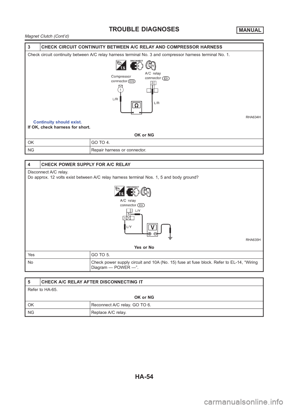 NISSAN ALMERA N16 2003  Electronic Repair Manual 3 CHECK CIRCUIT CONTINUITY BETWEEN A/C RELAY AND COMPRESSOR HARNESS
Check circuit continuity between A/C relay harness terminal No. 3 and compressor harness terminal No. 1.
RHA634H
Continuity should e