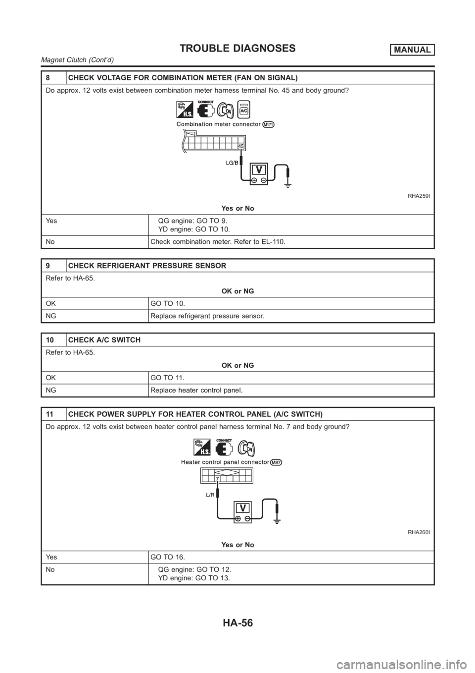 NISSAN ALMERA N16 2003  Electronic Repair Manual 8 CHECK VOLTAGE FOR COMBINATION METER (FAN ON SIGNAL)
Do approx. 12 volts exist between combination meter harness terminal No. 45 and body ground?
RHA259I
YesorNo
Yes QG engine: GO TO 9.
YD engine: GO
