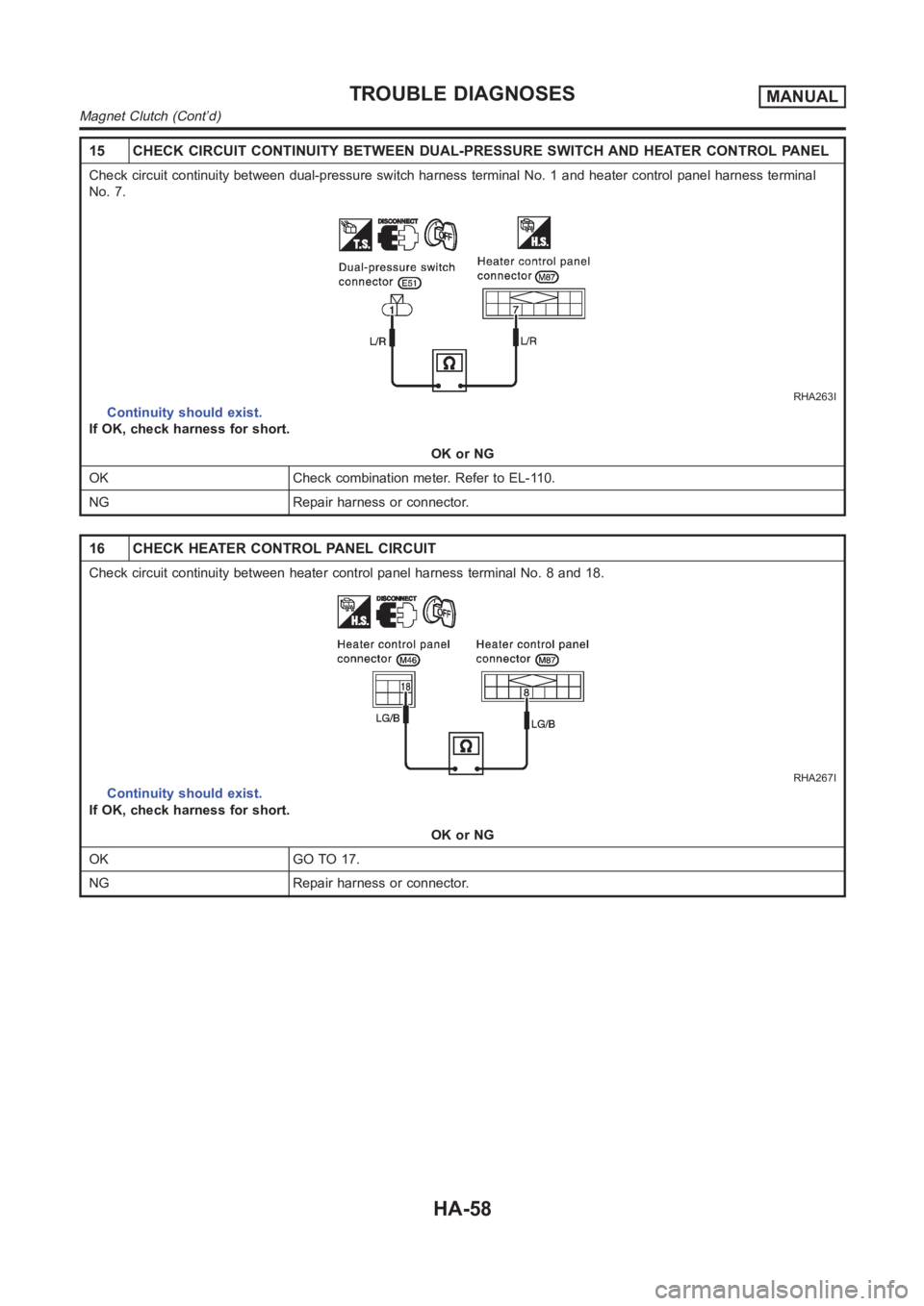 NISSAN ALMERA N16 2003  Electronic Repair Manual 15 CHECK CIRCUIT CONTINUITY BETWEEN DUAL-PRESSURE SWITCH AND HEATER CONTROL PANEL
Check circuit continuity between dual-pressure switch harness terminalNo. 1 and heater control panel harness terminal
