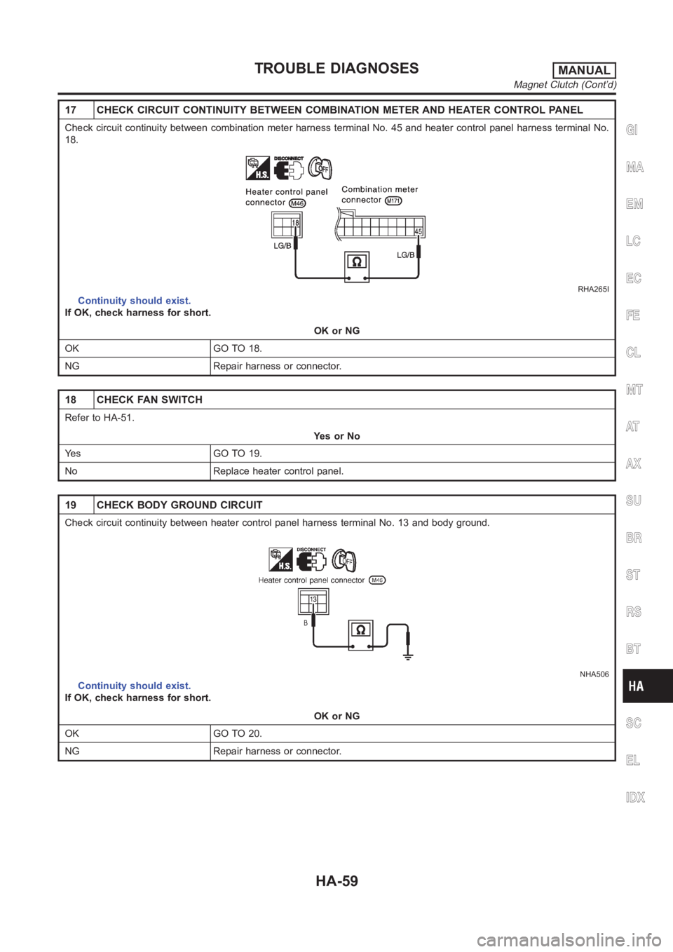 NISSAN ALMERA N16 2003  Electronic Repair Manual 17 CHECK CIRCUIT CONTINUITY BETWEEN COMBINATION METER AND HEATER CONTROLPANEL
Check circuit continuity between combination meter harness terminal No.45 and heater control panel harness terminal No.
18