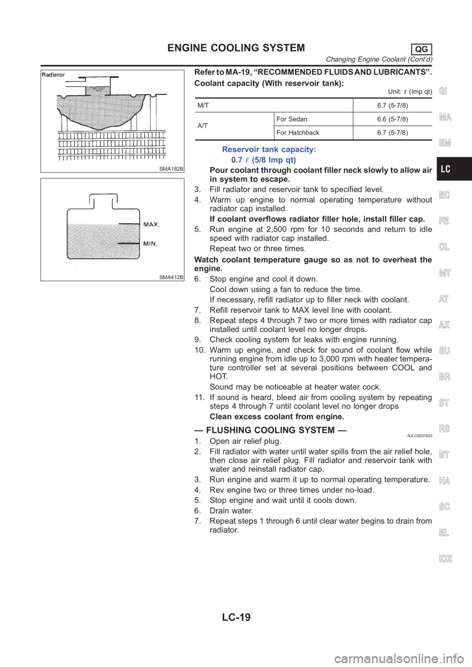 NISSAN ALMERA N16 2003  Electronic Repair Manual SMA182B
SMA412B
Refer to MA-19, “RECOMMENDED FLUIDS AND LUBRICANTS”.
Coolant capacity (With reservoir tank):
Unit:(Imp qt)
M/T 6.7 (5-7/8)
A/TFor Sedan 6.6 (5-7/8)
For Hatchback 6.7 (5-7/8)
Reser