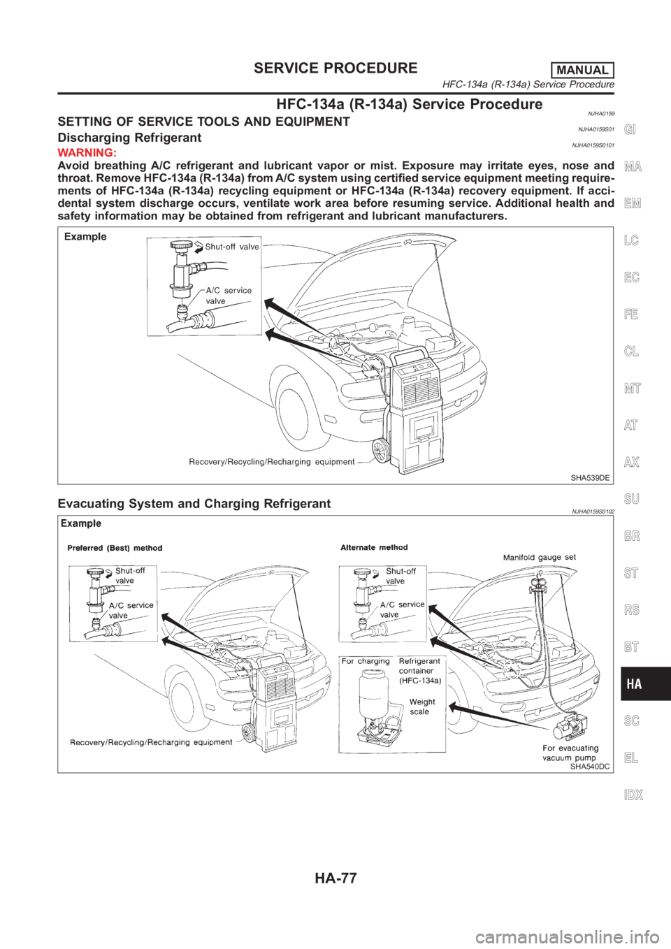 NISSAN ALMERA N16 2003  Electronic Repair Manual HFC-134a (R-134a) Service ProcedureNJHA0159SETTING OF SERVICE TOOLS AND EQUIPMENTNJHA0159S01Discharging RefrigerantNJHA0159S0101WARNING:
Avoid breathing A/C refrigerant and lubricant vapor or mist. Ex