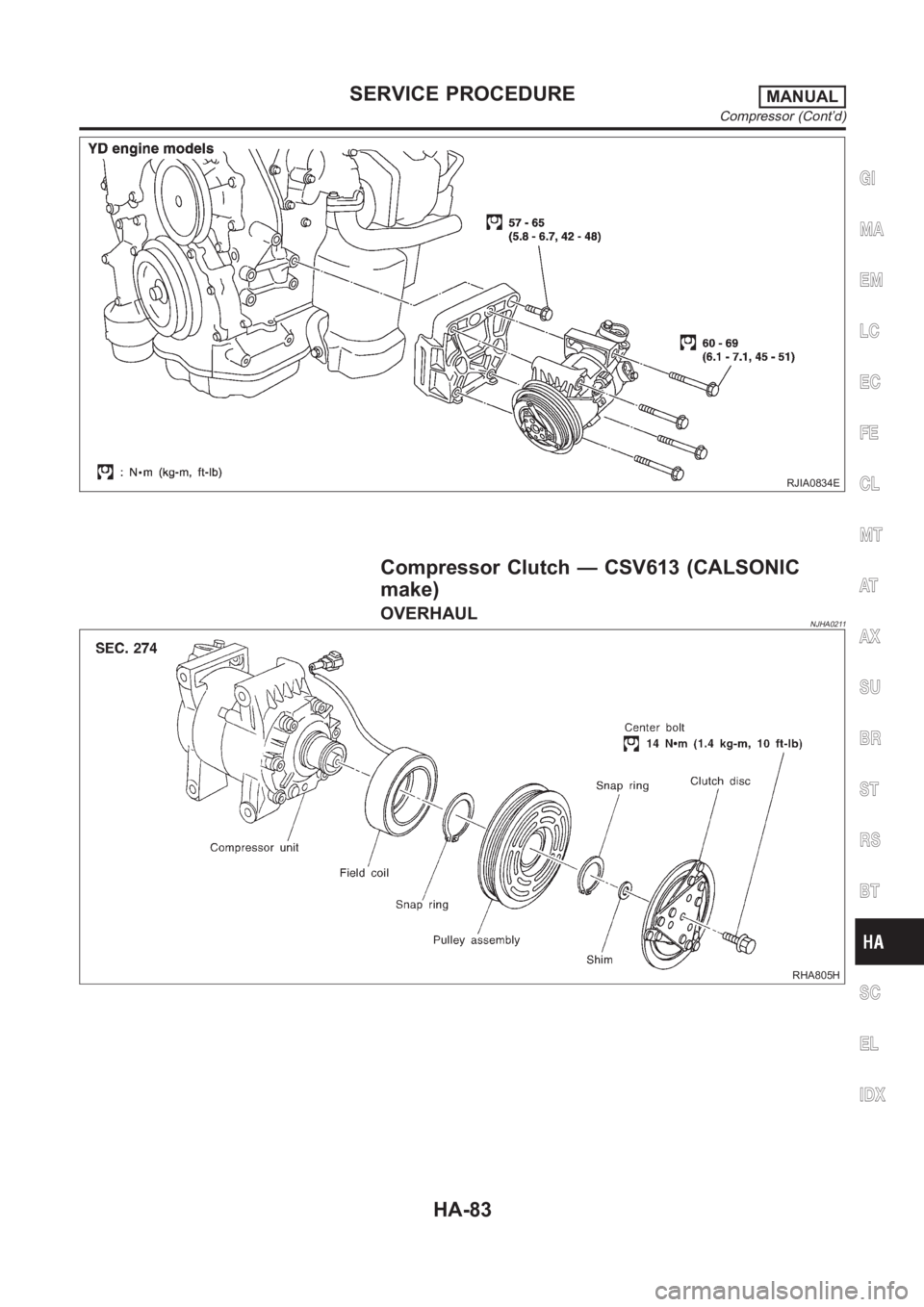 NISSAN ALMERA N16 2003  Electronic Repair Manual RJIA0834E
Compressor Clutch — CSV613 (CALSONIC
make)
OVERHAULNJHA0211
RHA805H
GI
MA
EM
LC
EC
FE
CL
MT
AT
AX
SU
BR
ST
RS
BT
SC
EL
IDX
SERVICE PROCEDUREMANUAL
Compressor (Cont’d)
HA-83 
