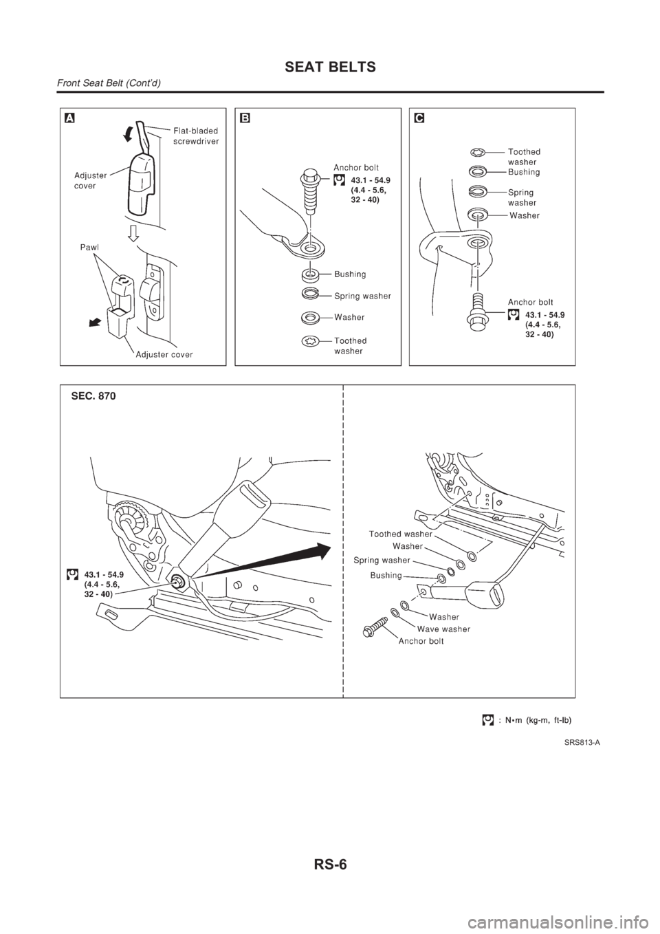 NISSAN ALMERA N16 2003 Electronic Repair Manual SRS813-A
SEAT BELTS
Front Seat Belt (Cont’d)
RS-6 NISSAN ALMERA N16 2003 Electronic Repair Manual SRS813-A
SEAT BELTS
Front Seat Belt (Cont’d)
RS-6